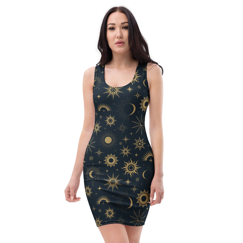 Women's Celestial Sun & Moon Bodycon Dress – Buttery Soft Fit With UPF 50+ Sun Protection