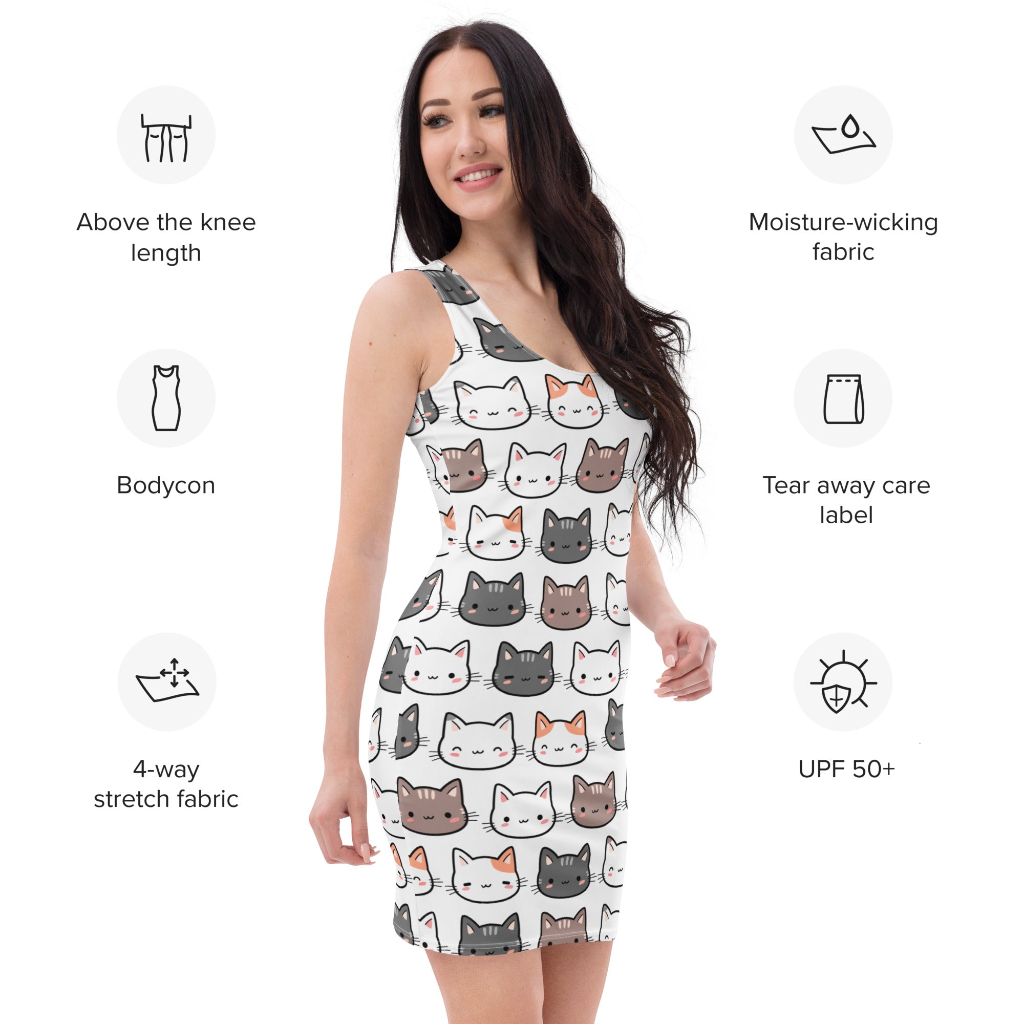 White sleeveless bodycon dress with playful cartoon cat pattern in gray brown and orange buttery soft fit with upf 50+