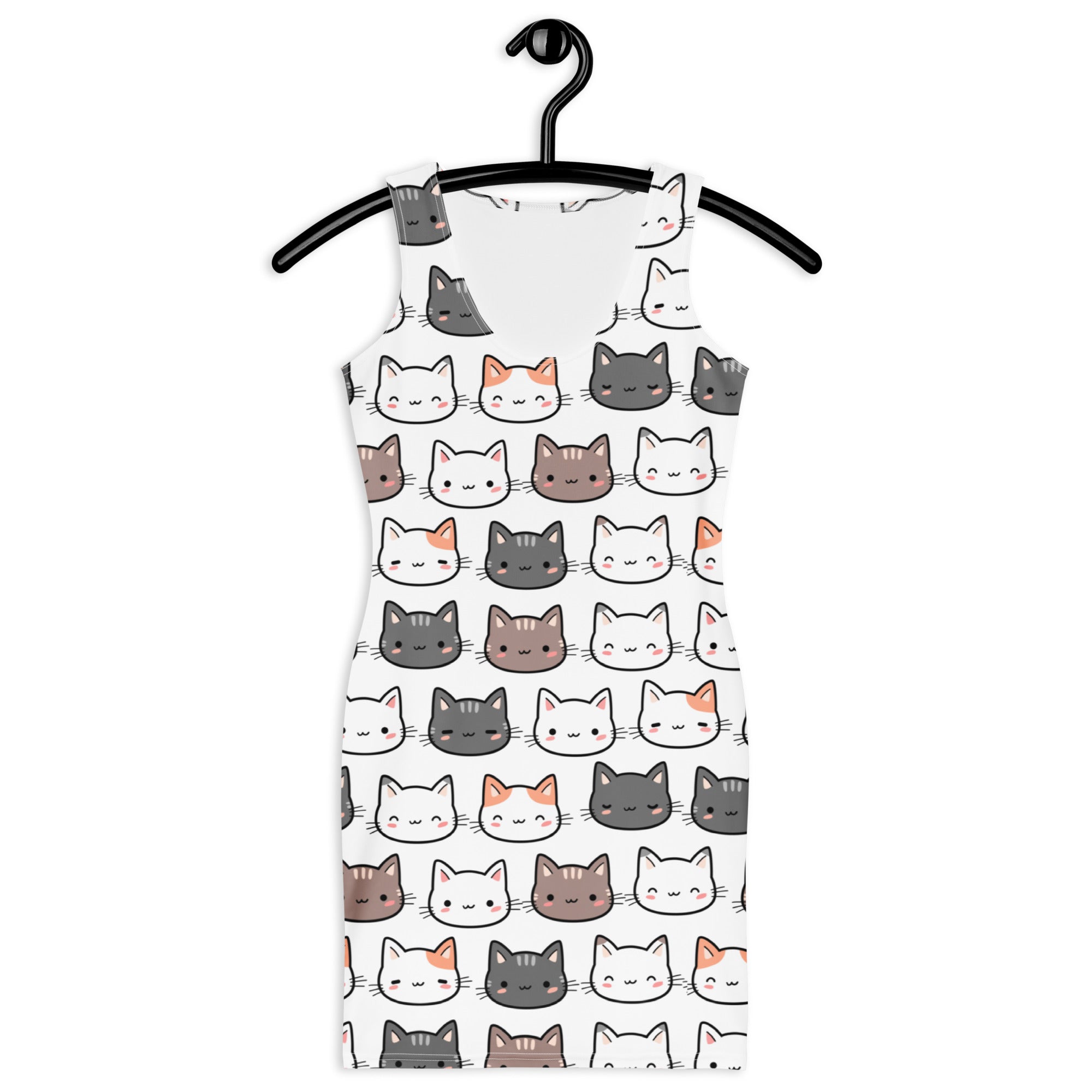 White sleeveless women’s cat bodycon dress with playful multicolor cartoon cats buttery soft fit and upf 50 sun protection