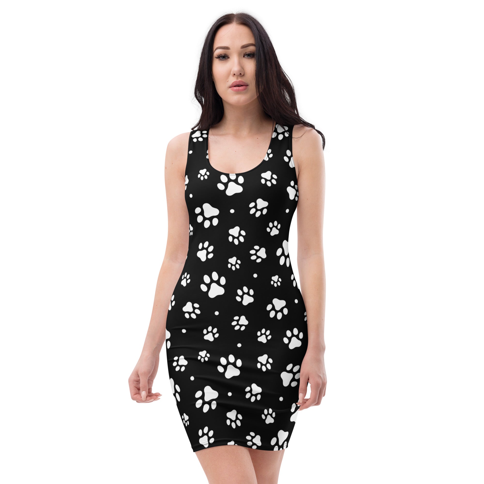 Women’s black sleeveless bodycon dress with white paw prints buttery soft fit and upf 50 plus sun protection