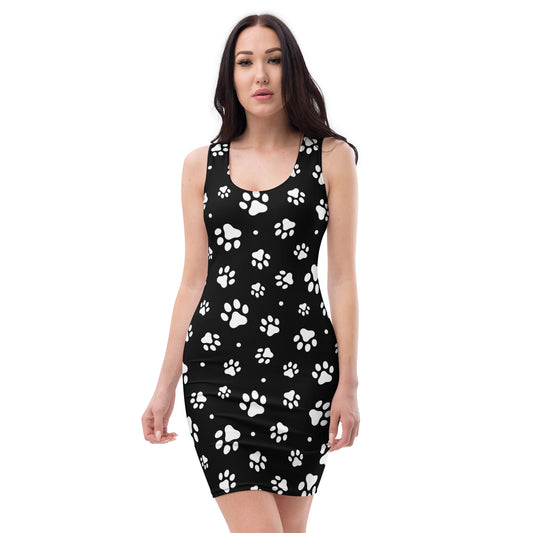 Women's Black Paw Print Bodycon Dress – Buttery Soft Fit With UPF 50+ Sun Protection