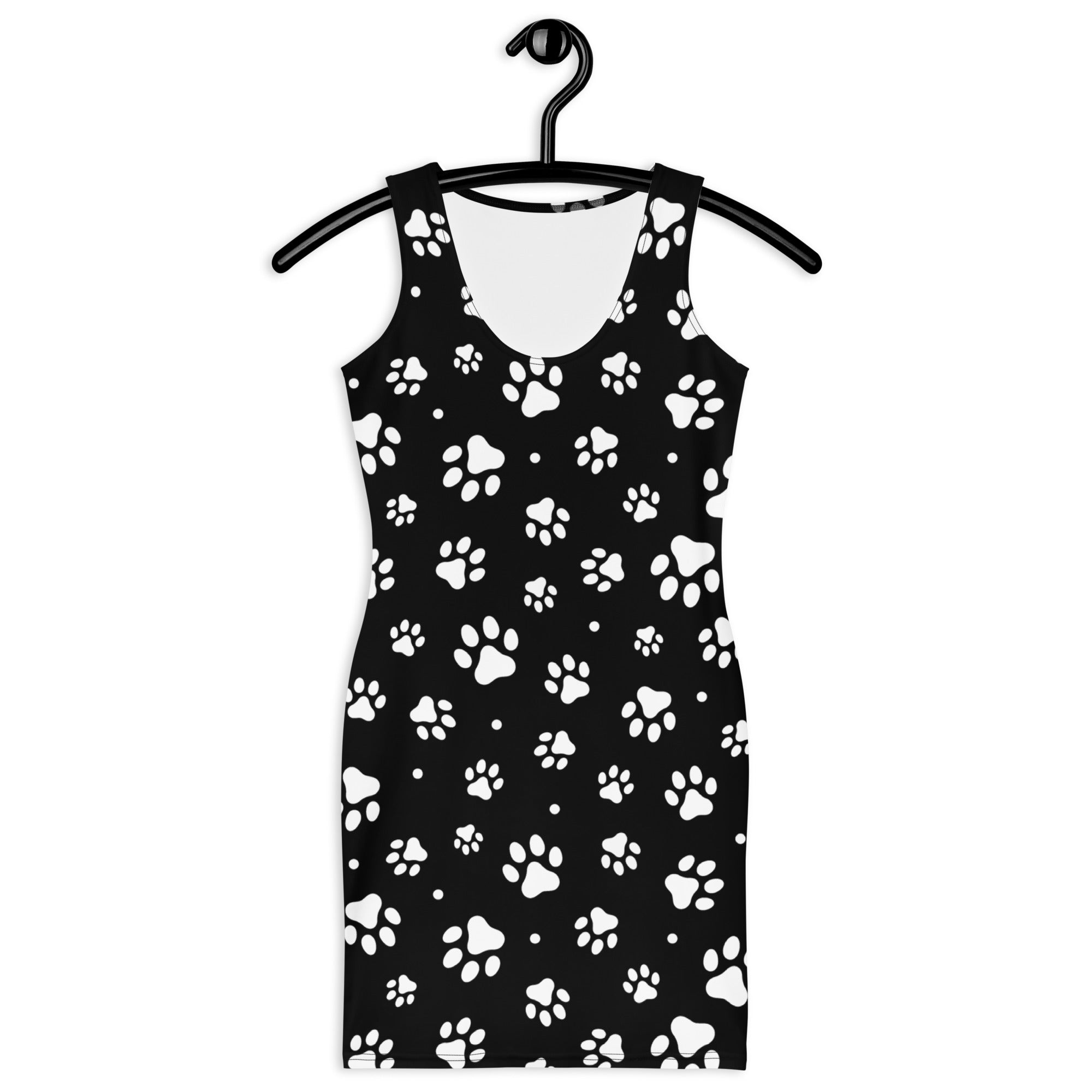 Women’s black sleeveless bodycon dress with white paw print pattern buttery soft fit and upf 50 plus sun protection