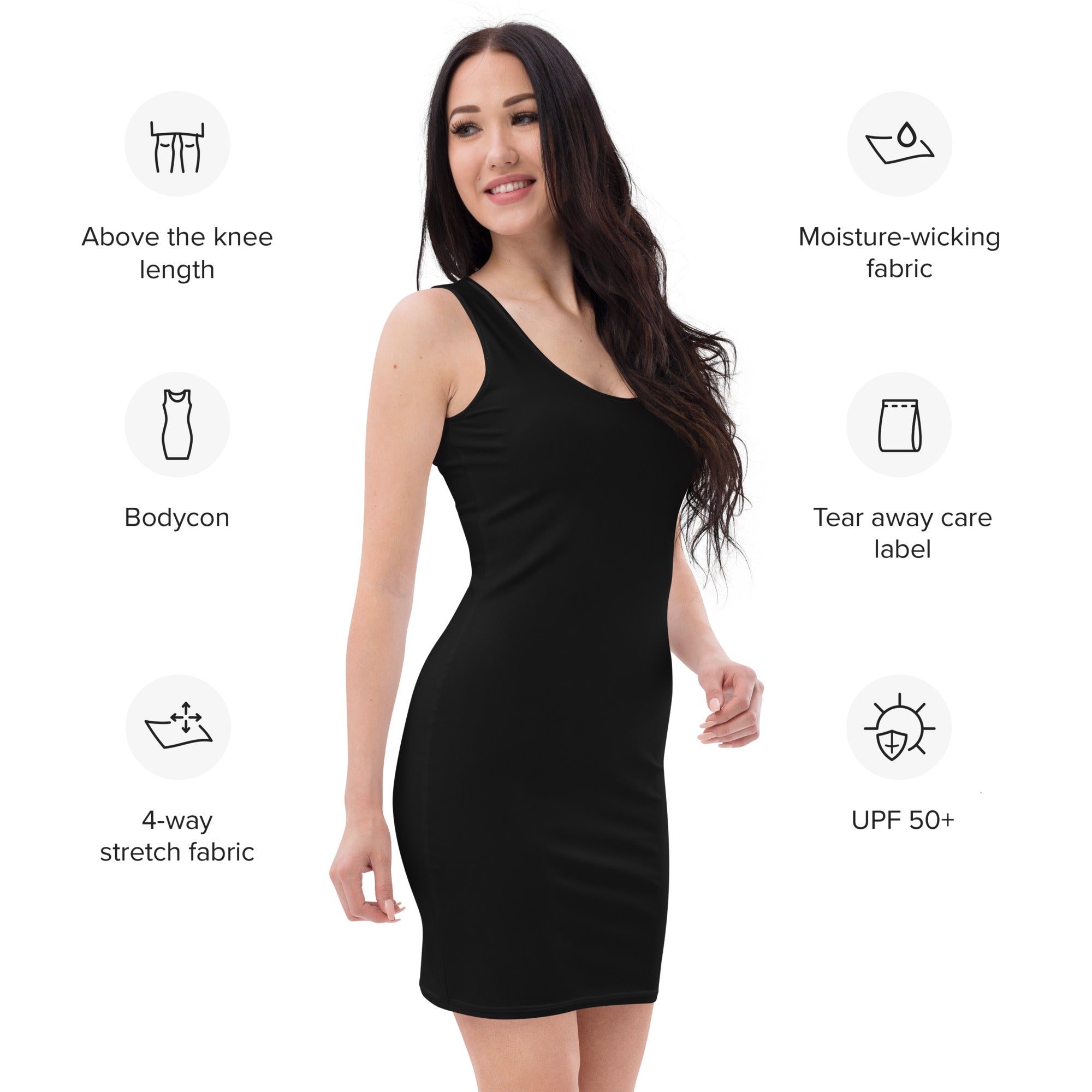 Women’s black above-the-knee bodycon dress made of buttery soft 4-way stretch moisture-wicking fabric with upf 50+ protection