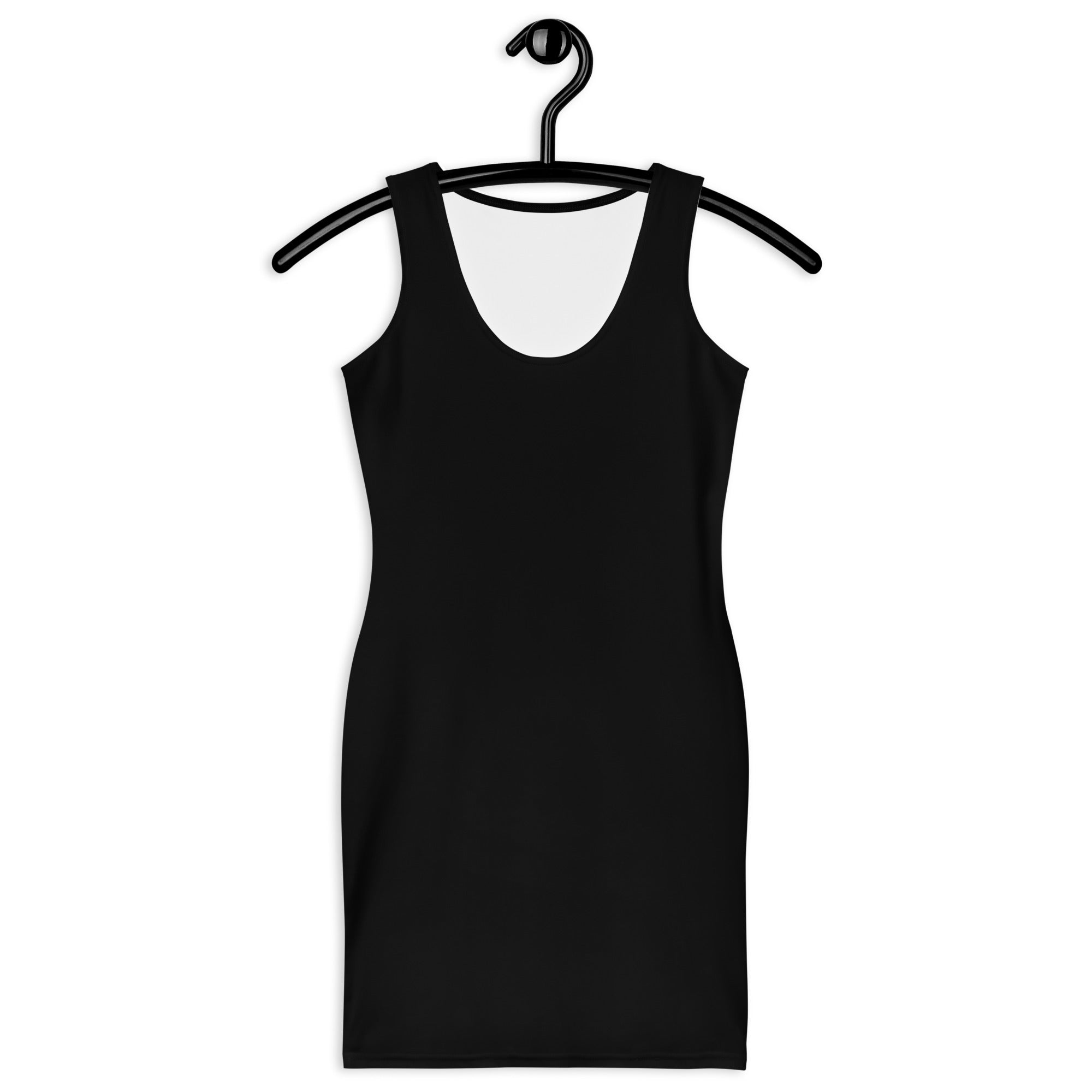 Women’s black sleeveless bodycon dress with scoop neckline buttery soft fit and UPF 50 plus sun protection hanging on hanger