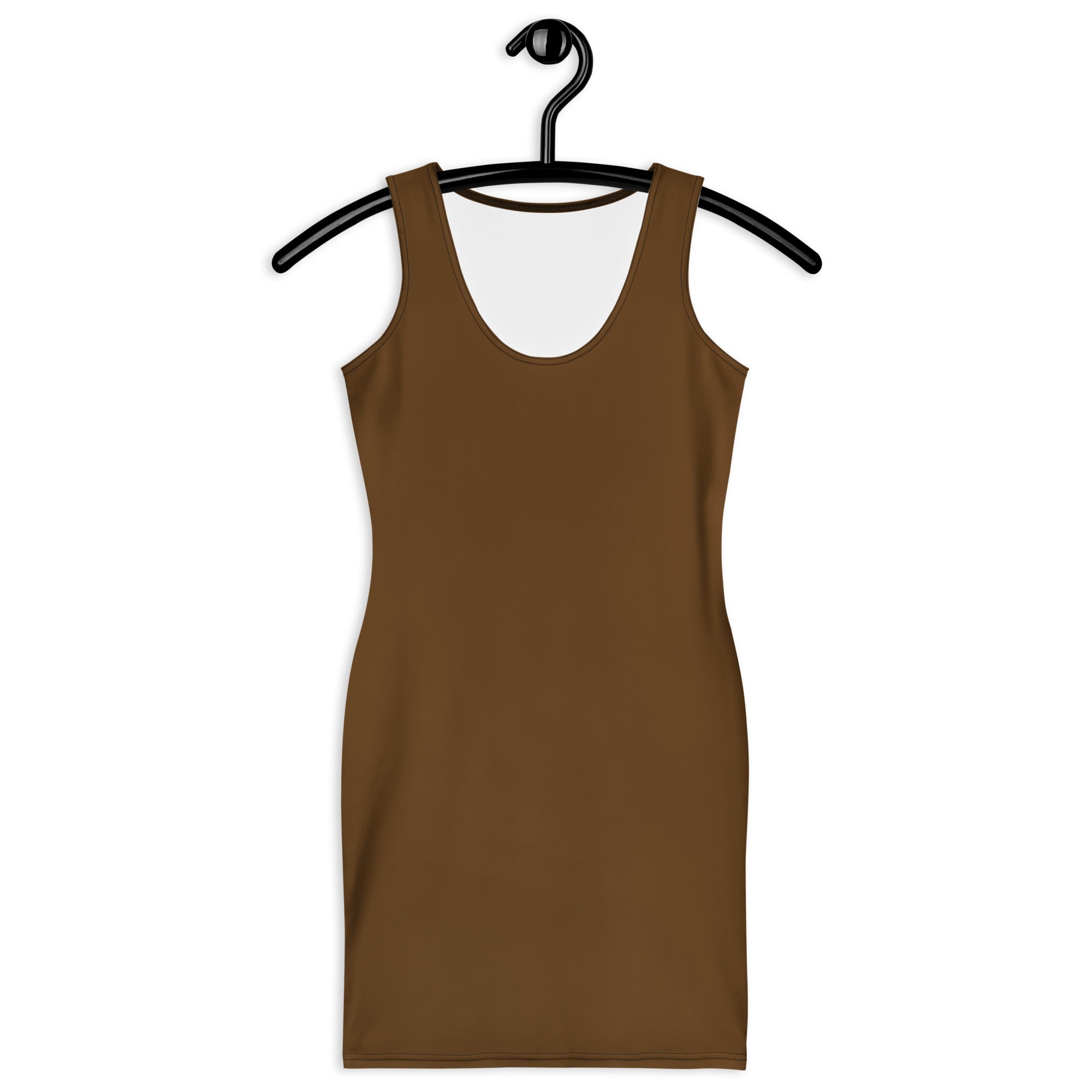 A sleek solid brown sleeveless bodycon dress with buttery soft fabric and UPF 50 plus sun protection on a hanger