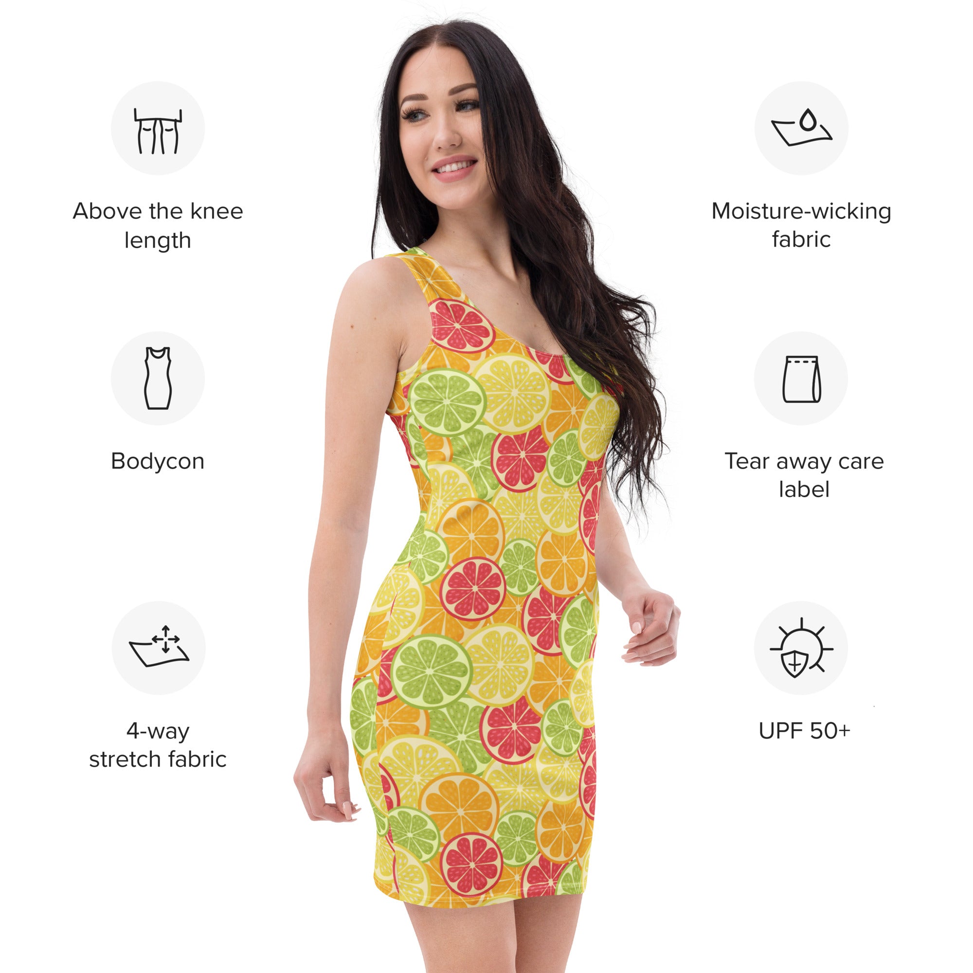 A vibrant yellow women’s citrus fruit bodycon dress with sliced fruit pattern buttery soft fit and upf 50 plus protection