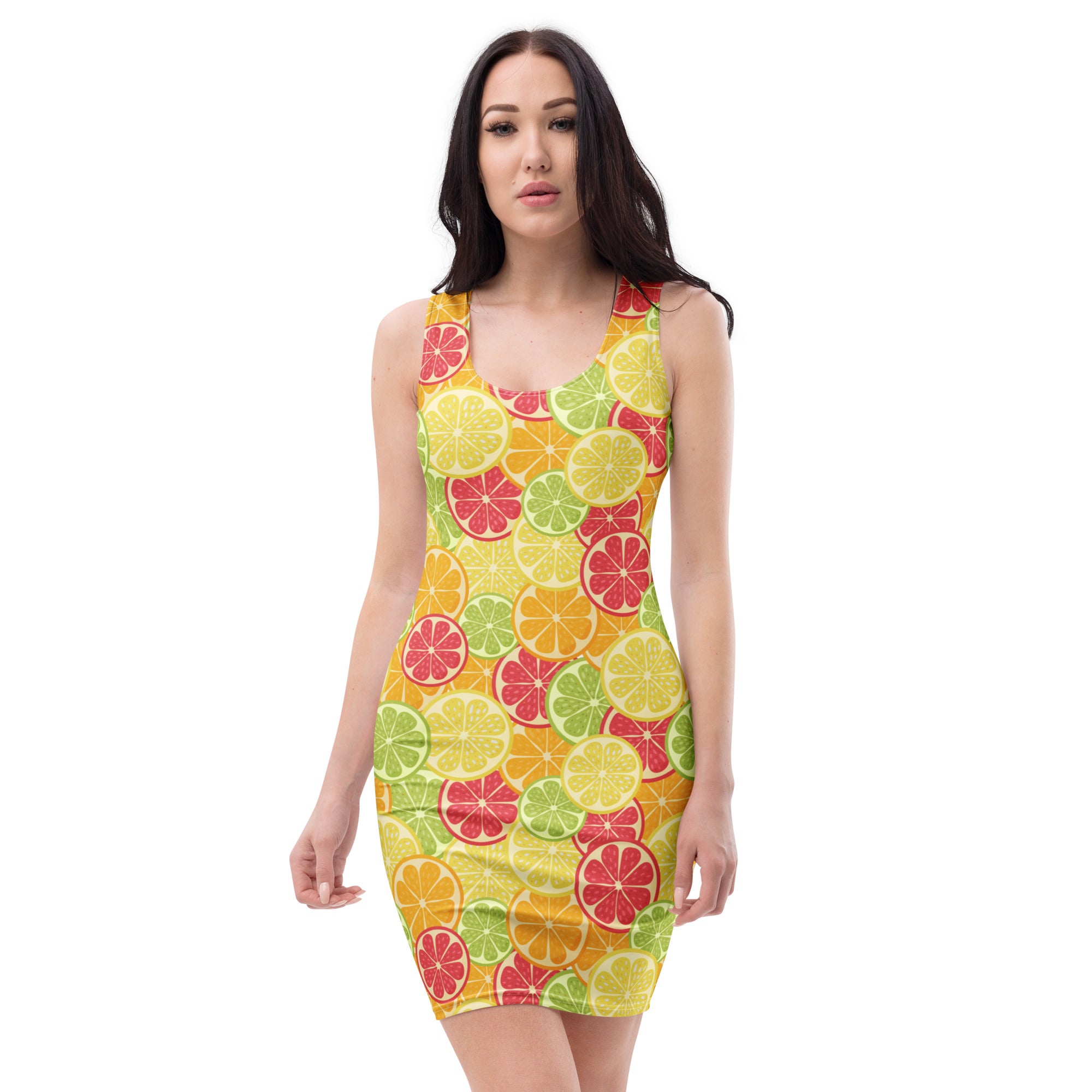Women’s citrus fruit sleeveless bodycon dress with vibrant lemon lime grapefruit print buttery soft fit upf 50+