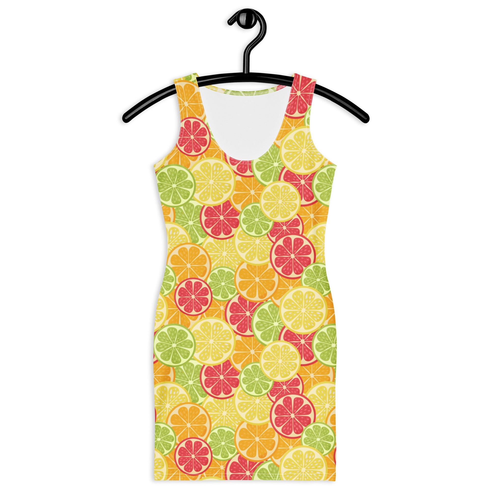 Women’s citrus fruit bodycon dress in vibrant sleeveless citrus pattern with buttery soft fit and UPF 50 plus sun protection