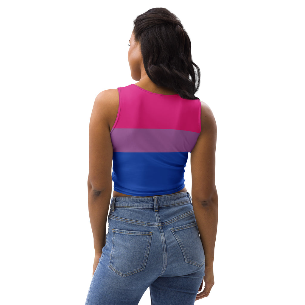 Women’s bisexual flag buttery soft crop top with vibrant magenta purple and blue stripes in a fitted sleeveless design