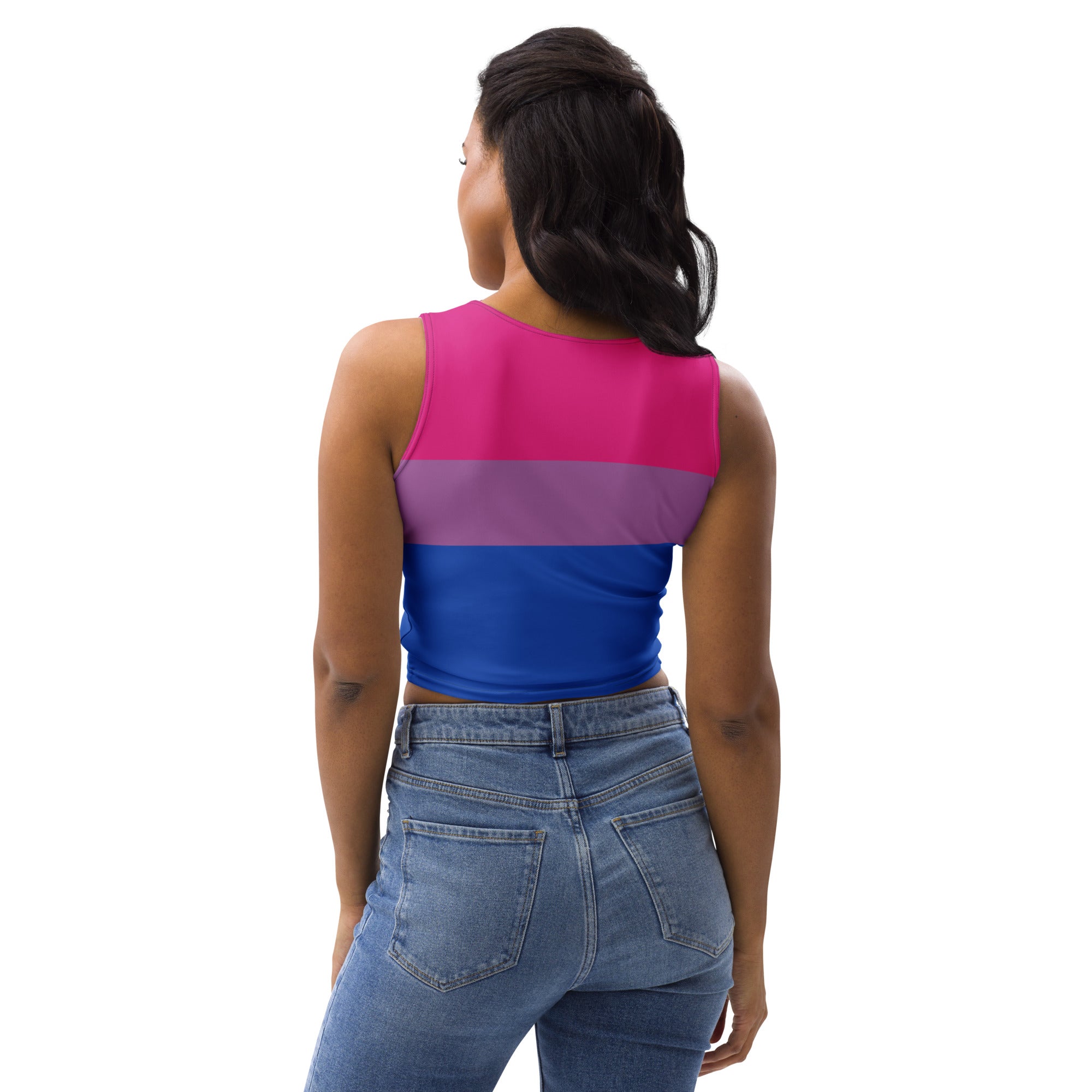 Women’s bisexual flag buttery soft crop top with vibrant magenta purple and blue stripes in a fitted sleeveless design