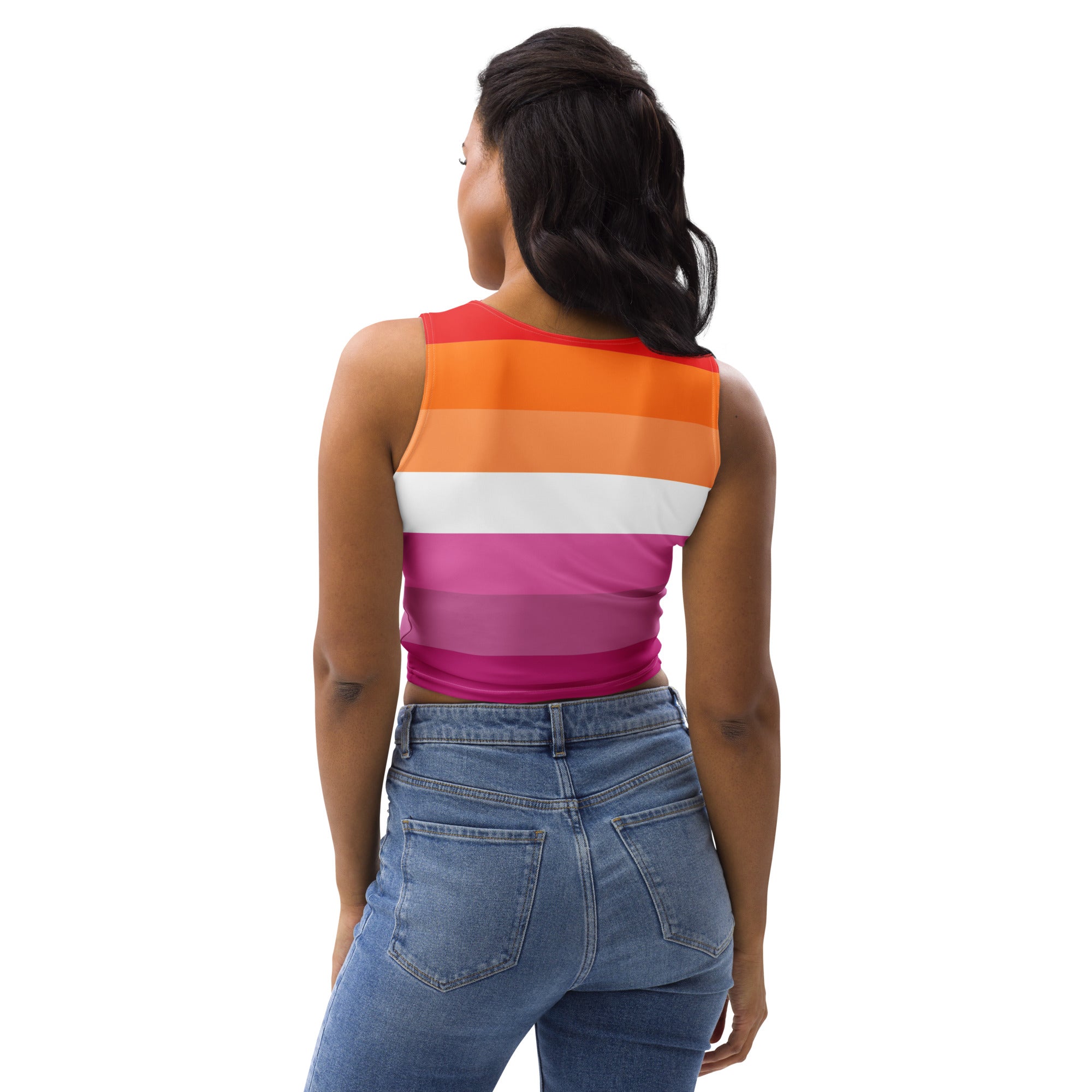 Women’s lesbian flag buttery soft sleeveless crop top with orange white and pink horizontal stripes