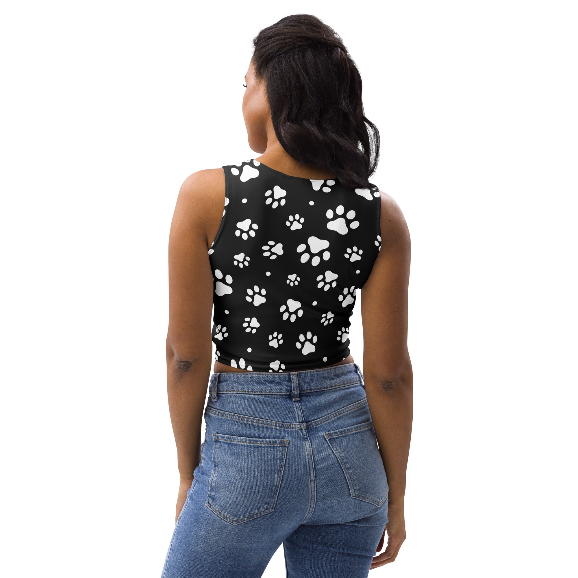 Black sleeveless buttery soft crop top with white paw print pattern for women