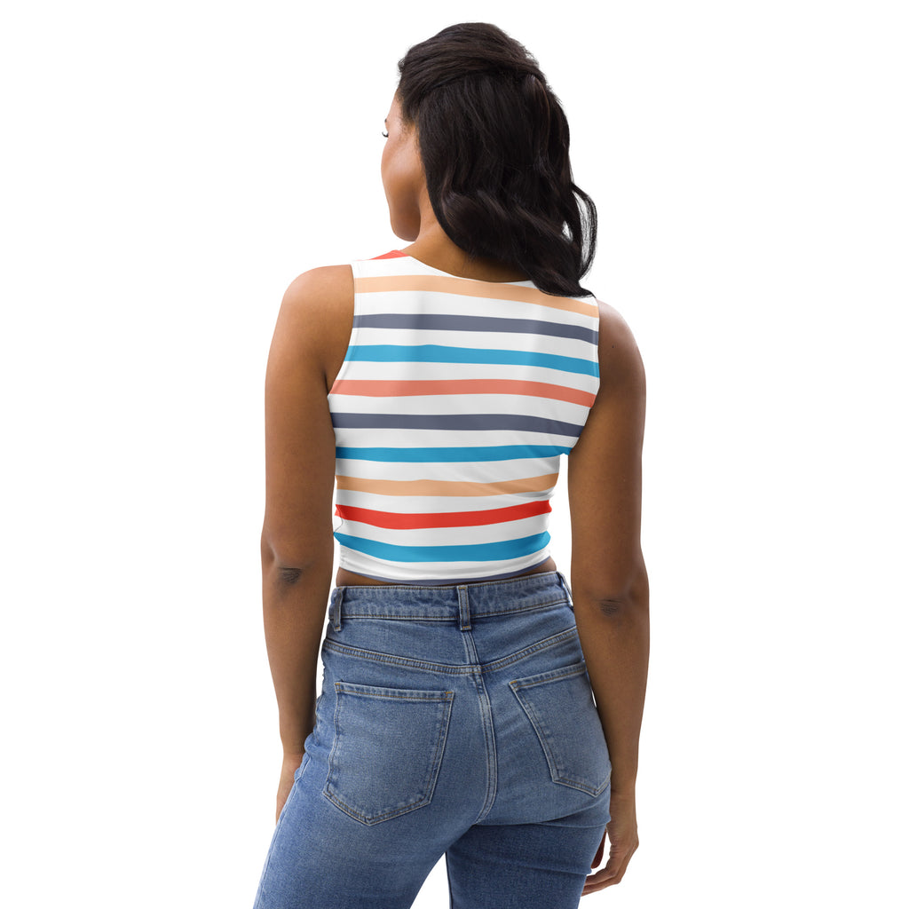 Women’s retro sunset stripes sleeveless crop top with white blue orange gray stripes in buttery soft fabric