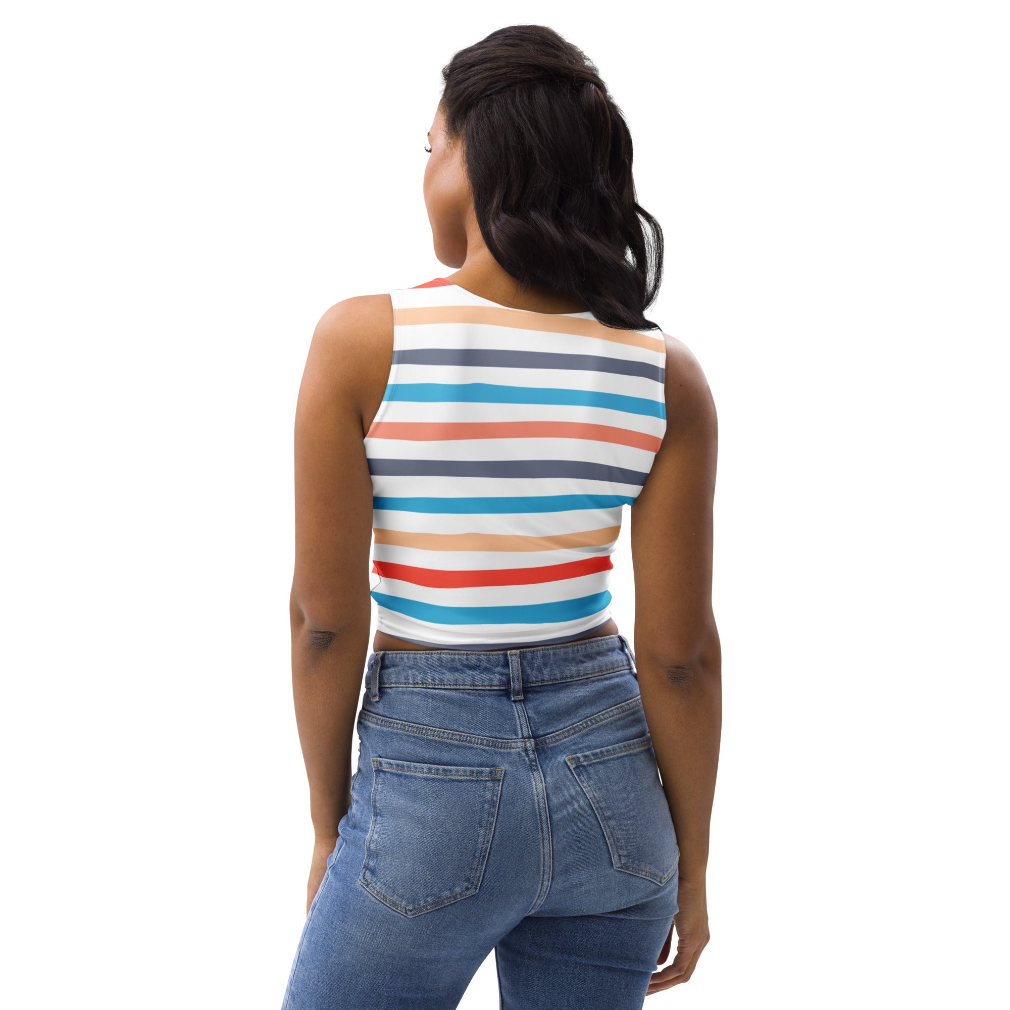Women’s retro sunset stripes sleeveless crop top with white blue orange gray stripes in buttery soft fabric