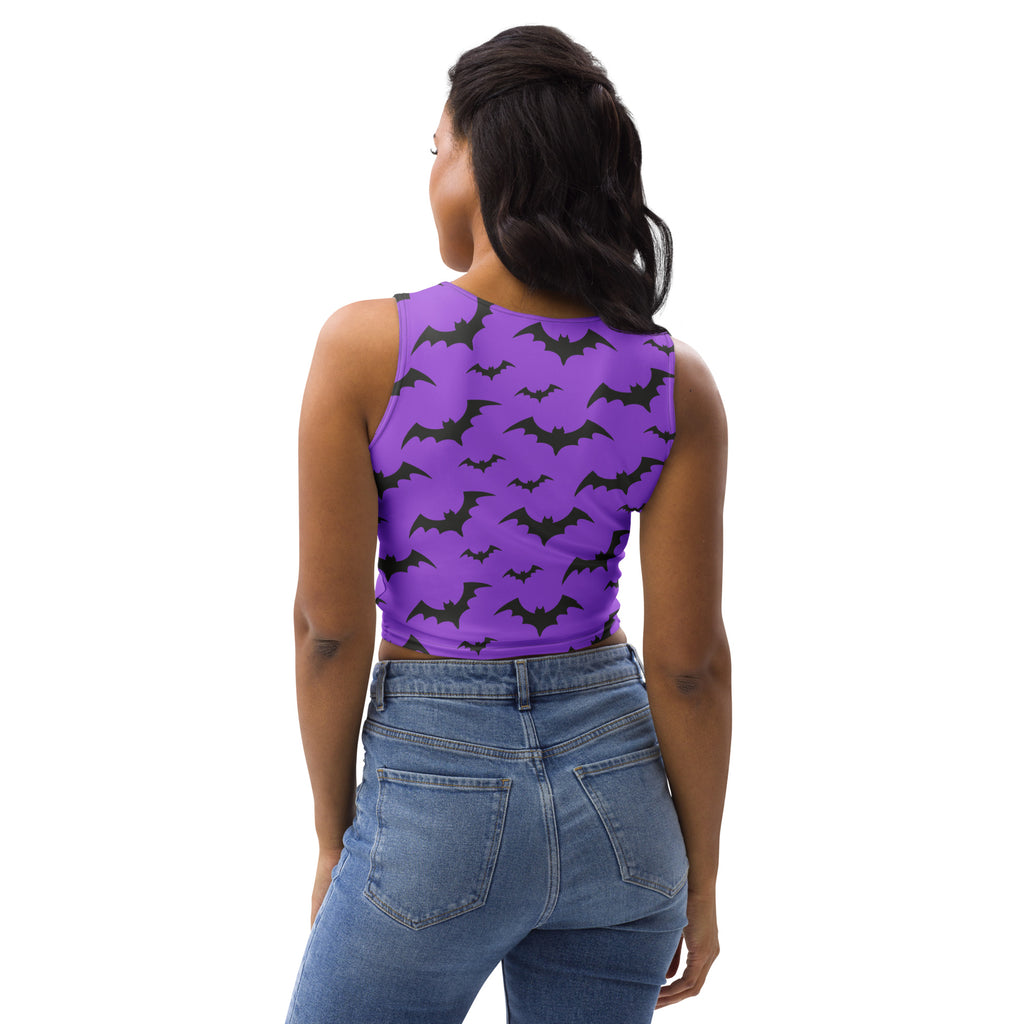 Women’s purple sleeveless buttery soft crop top with black bat pattern perfect for halloween festivities