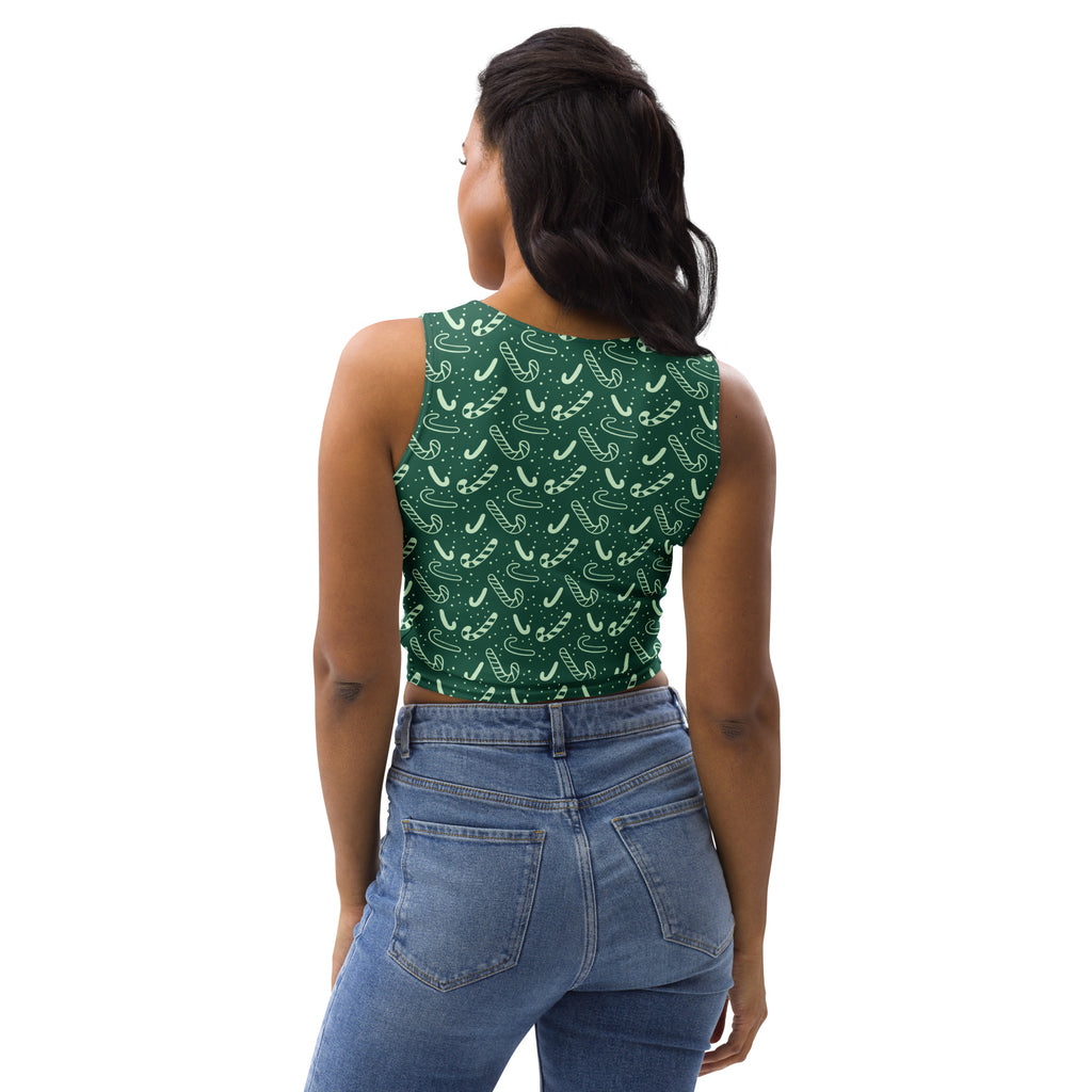 Women’s green candy cane crop top with white outlines small dots made from buttery soft fabric for Christmas wear