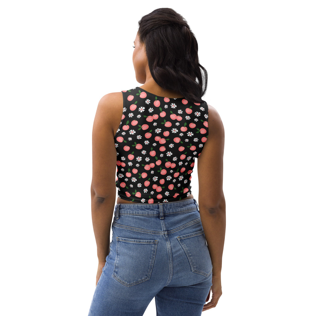 Black sleeveless buttery soft crop top with pink peaches and white daisies pattern for women summer wear