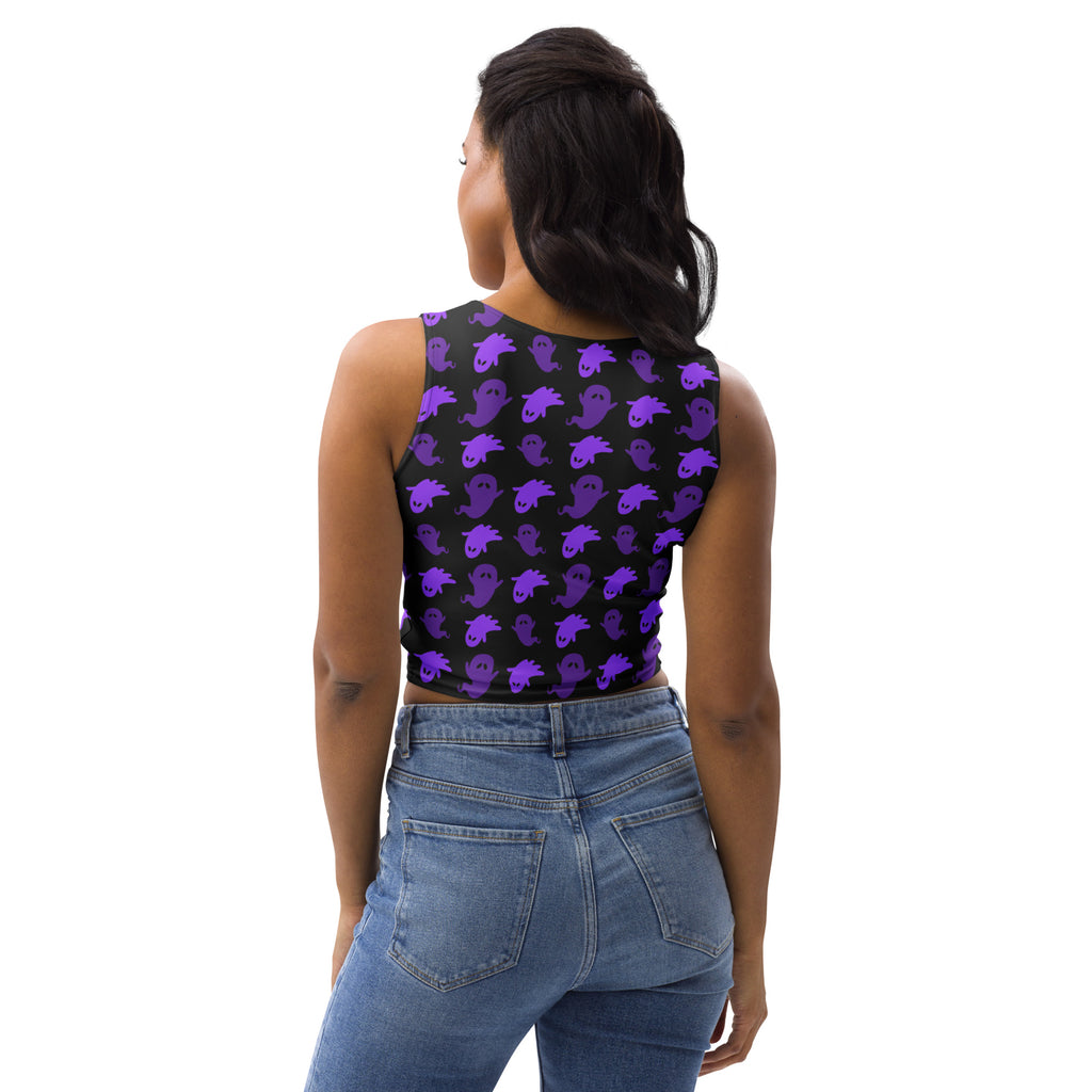 Women’s buttery soft black sleeveless crop top with purple cartoon ghost pattern for halloween wear