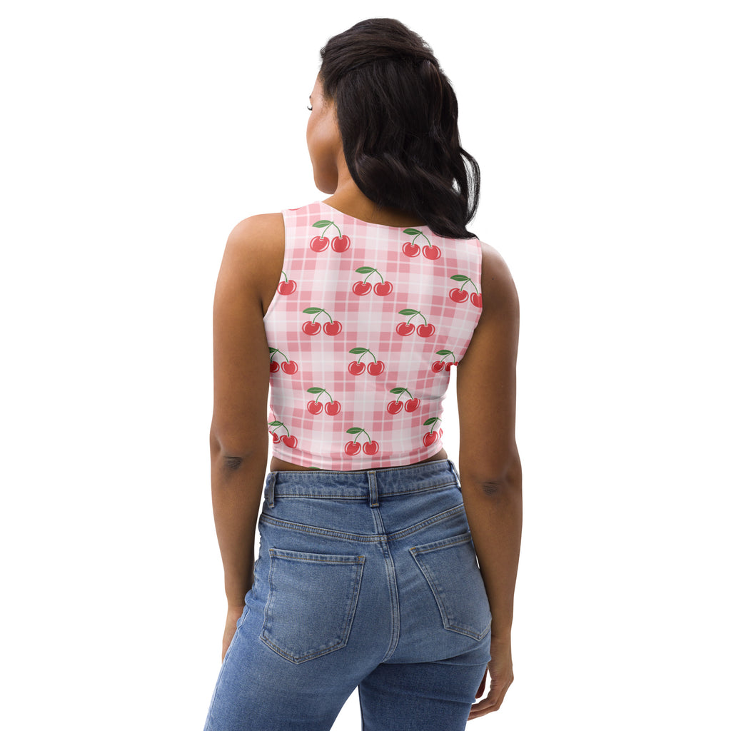 Women’s pink gingham cherry buttery soft crop top featuring a pink and white checkered pattern with red cherries