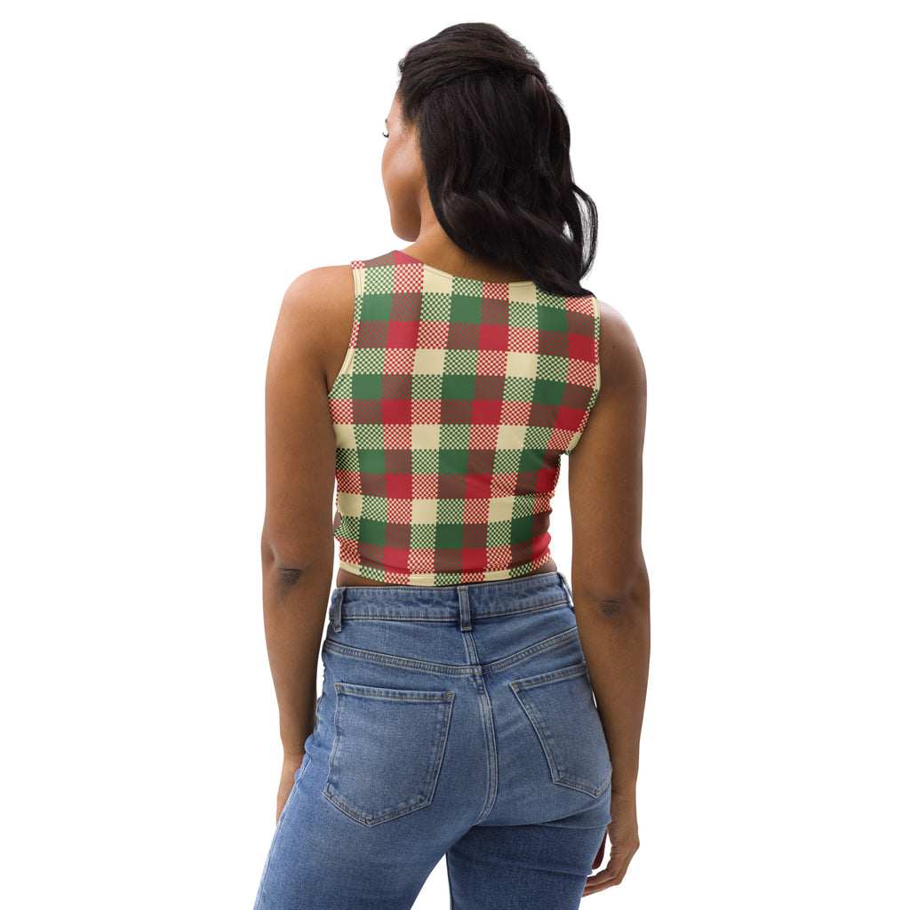 Women’s red and green Christmas plaid sleeveless cropped top with buttery soft fabric and subtle dot detailing