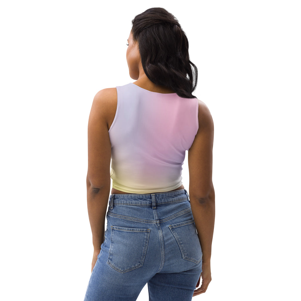 Women’s kawaii pastel ombre sleeveless crop top in soft lavender pink and yellow buttery soft fabric