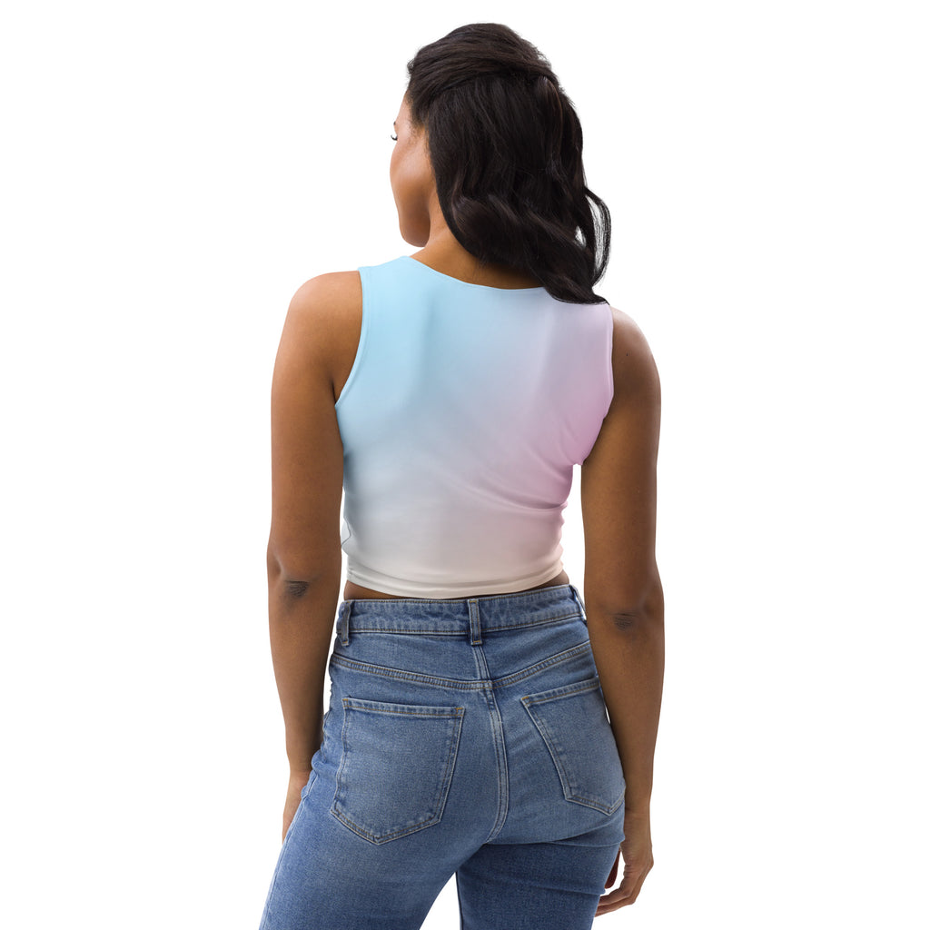 Women’s kawaii pastel gradient sleeveless crop top in light blue to pink with buttery soft smooth fabric