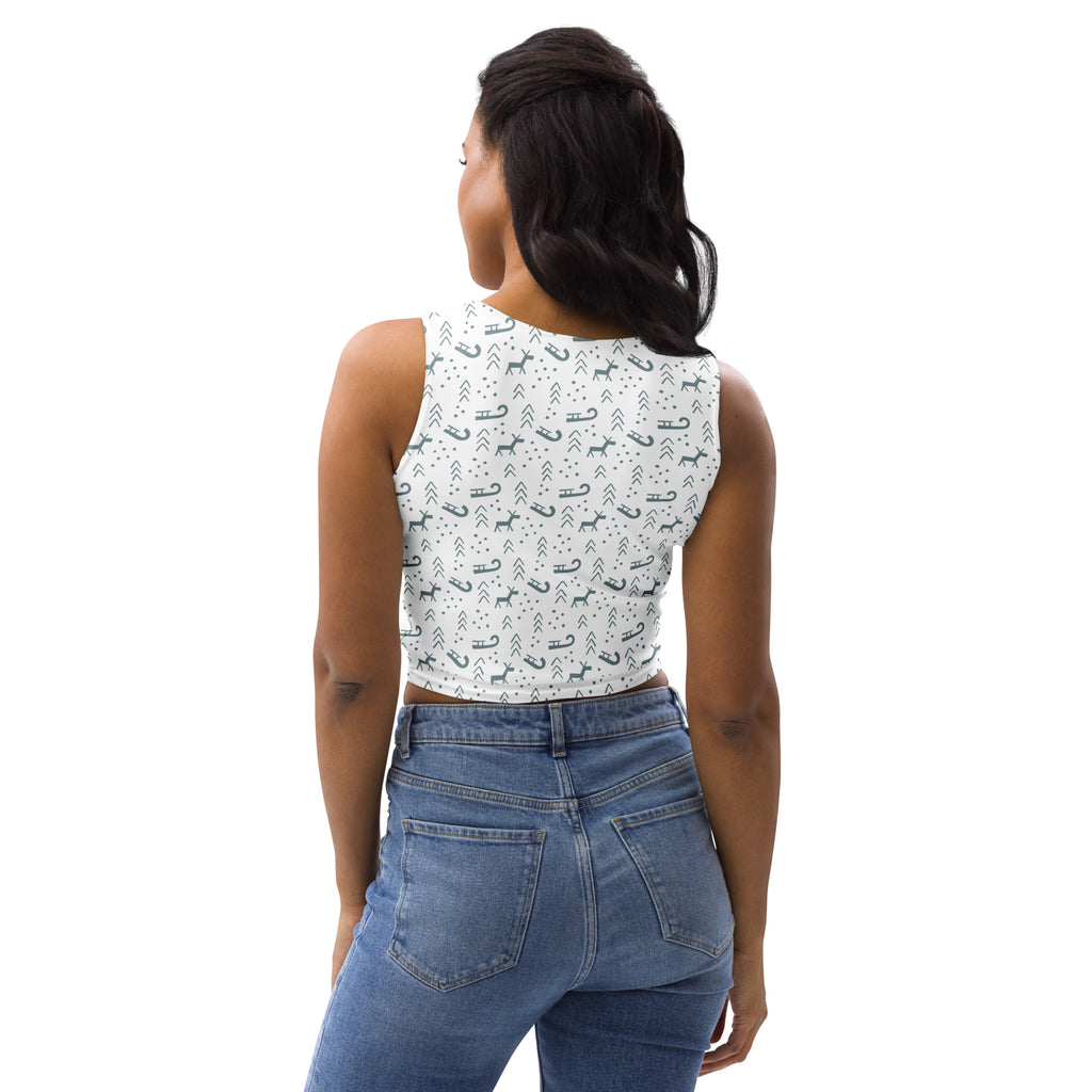 White sleeveless buttery soft crop top with gray reindeer sleigh and arrow pattern for women Christmas wear