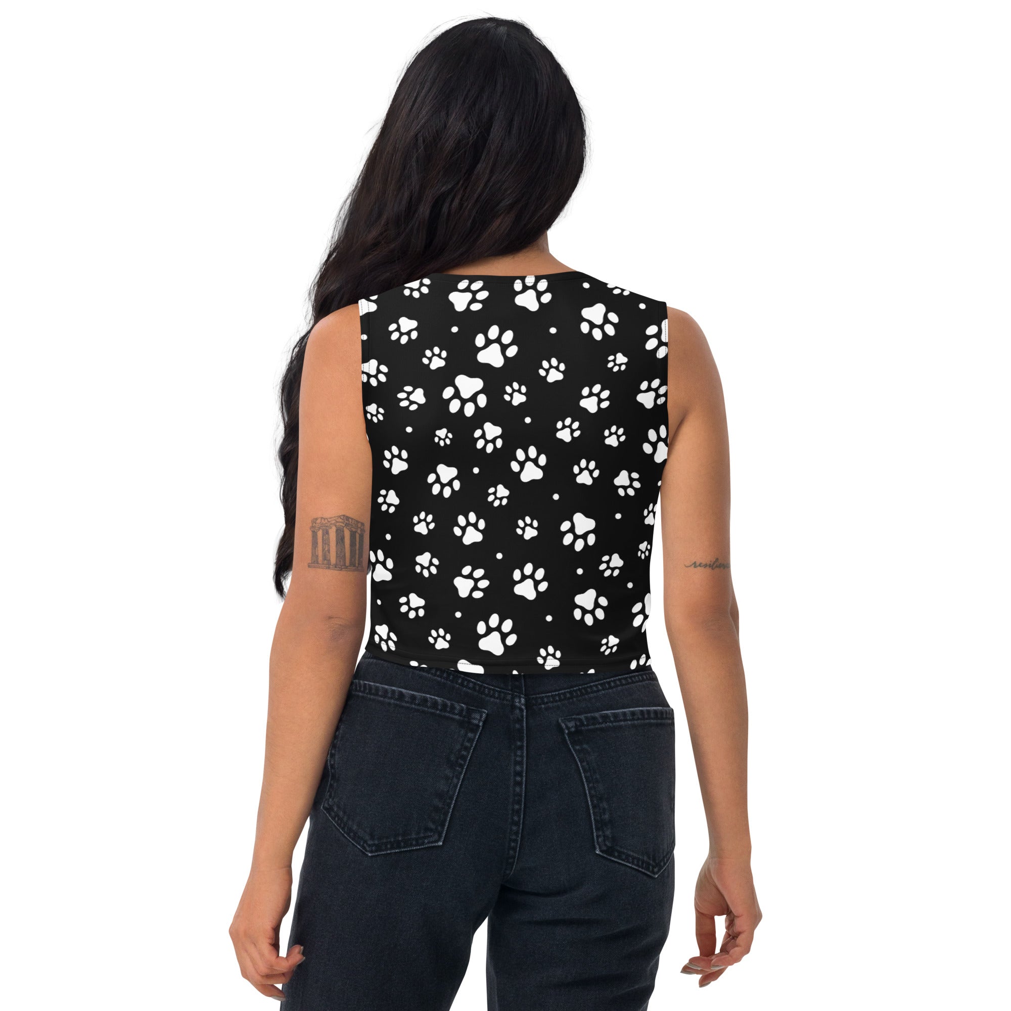 Women's Black Paw Print Buttery Soft Crop Top- Quick-Drying UPF 50+ Stretch Top