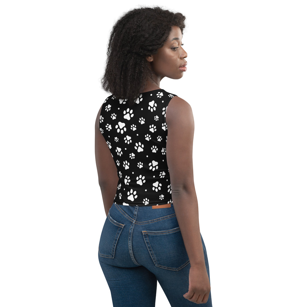 Women's Black Paw Print Buttery Soft Crop Top- Quick-Drying UPF 50+ Stretch Top