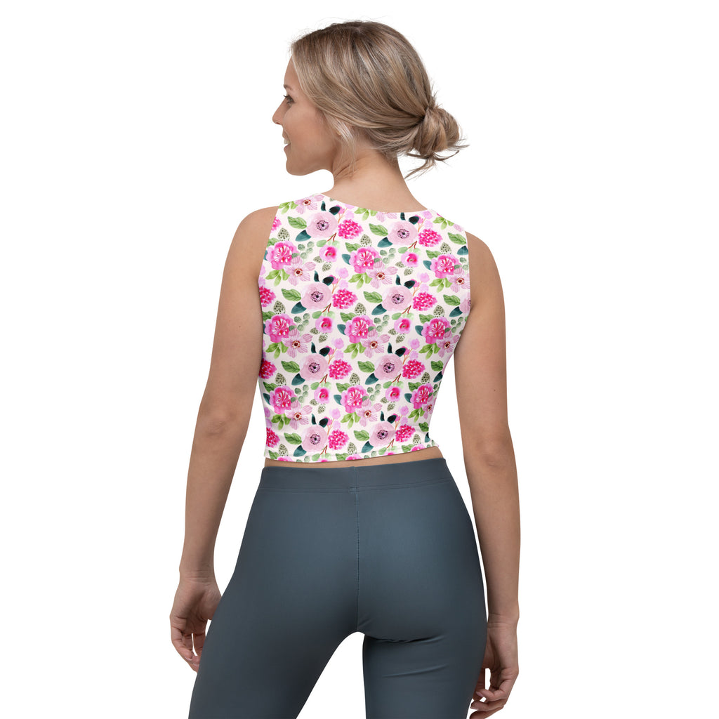 Women's Pink Watercolor Flowers Buttery Soft Crop Top- Quick-Drying UPF 50+ Stretch Top