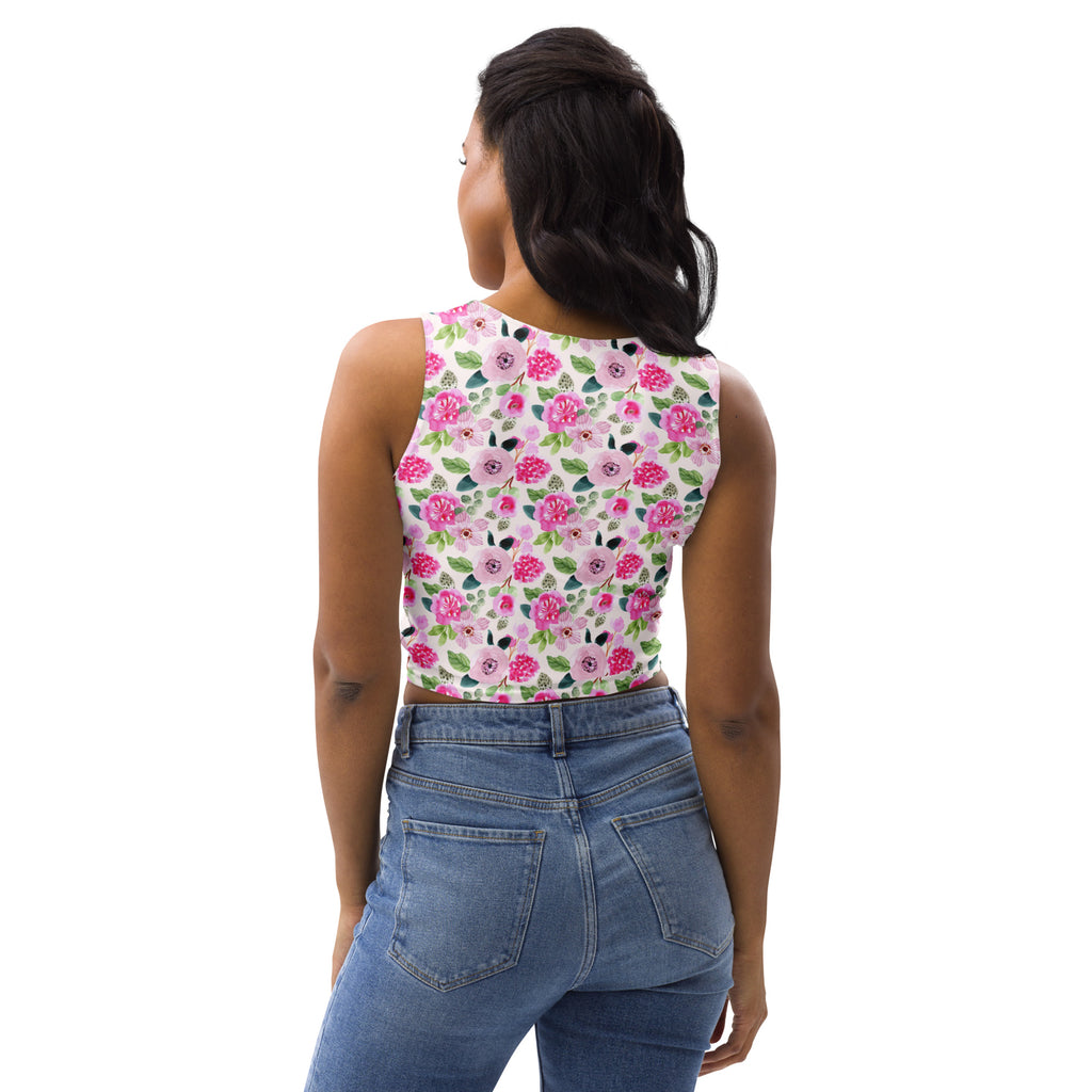 Women's Pink Watercolor Flowers Buttery Soft Crop Top- Quick-Drying UPF 50+ Stretch Top
