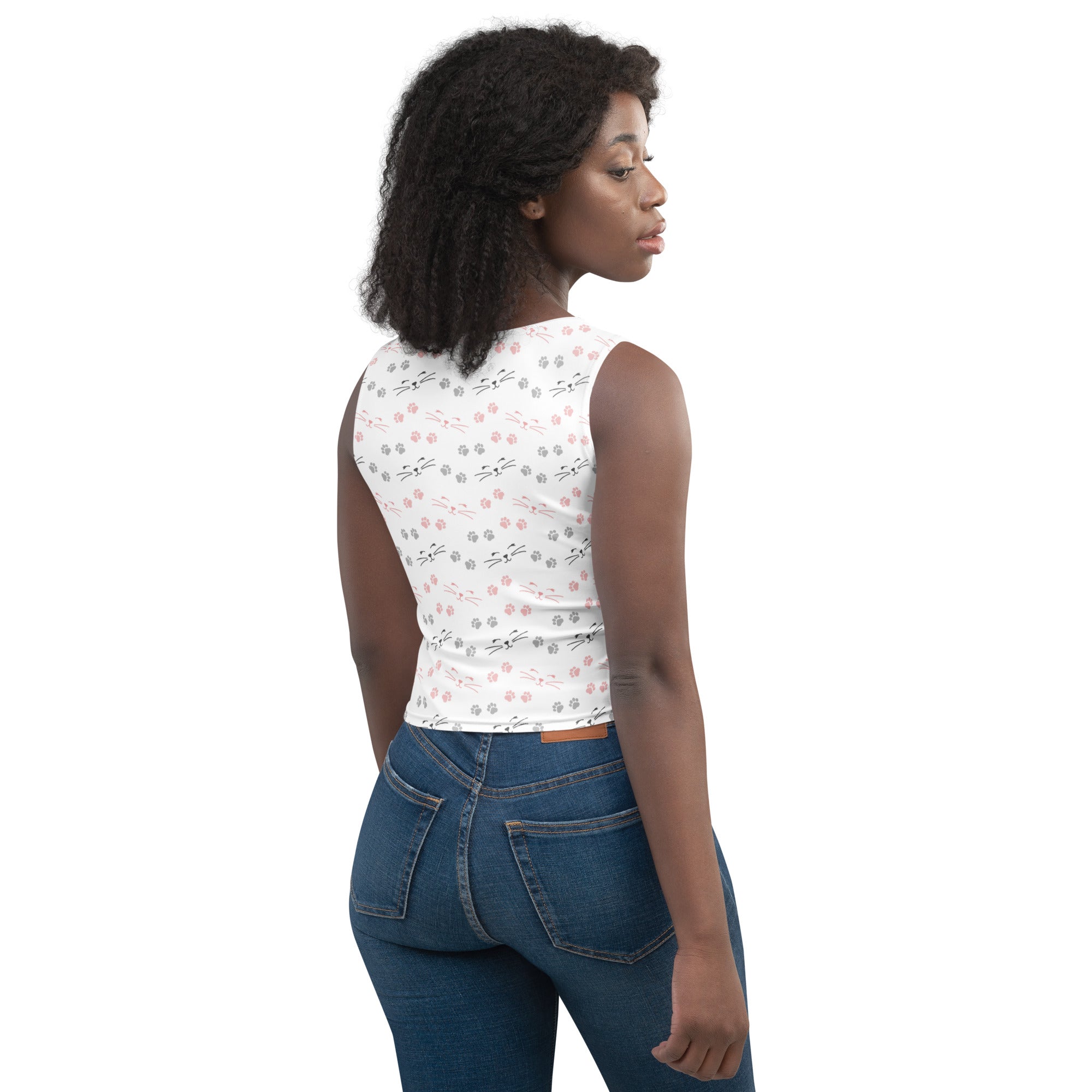 Women's Cat Paw Prints & Whiskers Buttery Soft Crop Top- Quick-Drying UPF 50+ Stretch Top