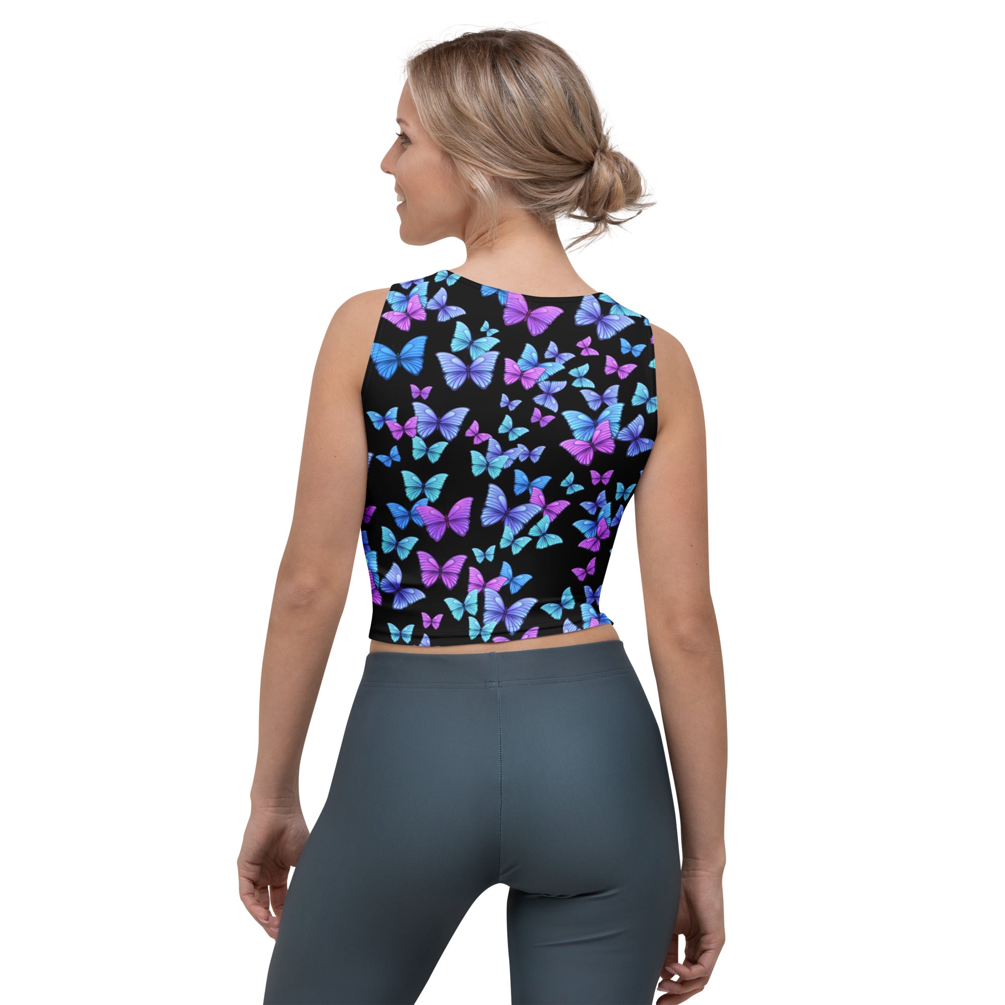 Women's Vibrant Butterfly Buttery Soft Crop Top- Quick-Drying UPF 50+ Stretch Top