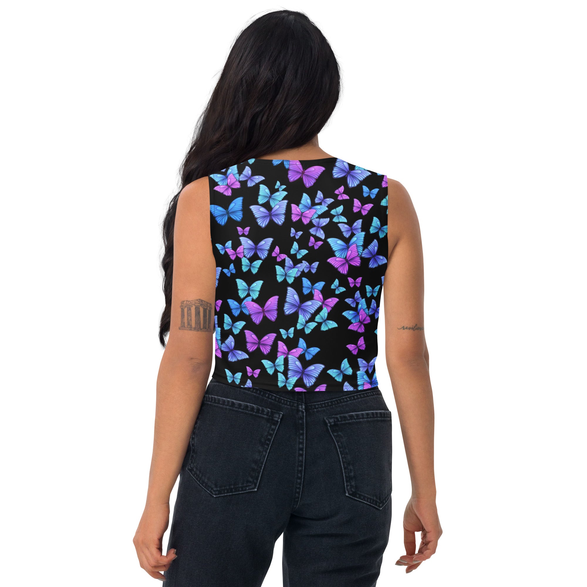 Women's Vibrant Butterfly Buttery Soft Crop Top- Quick-Drying UPF 50+ Stretch Top