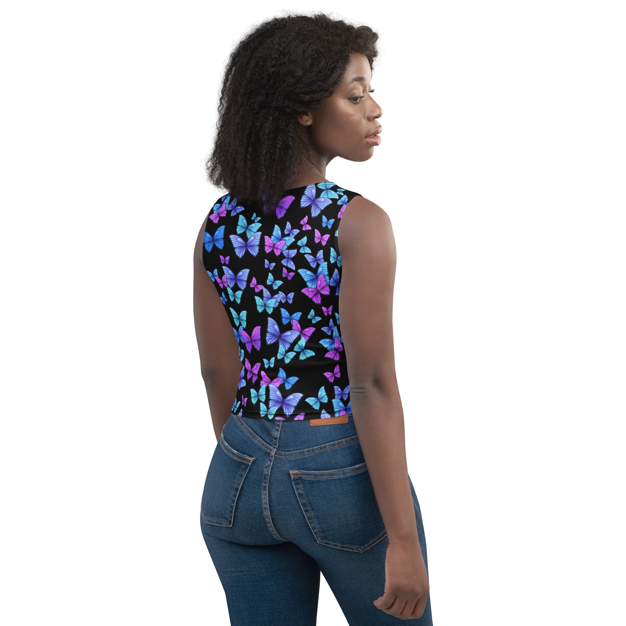 Women's Vibrant Butterfly Buttery Soft Crop Top- Quick-Drying UPF 50+ Stretch Top