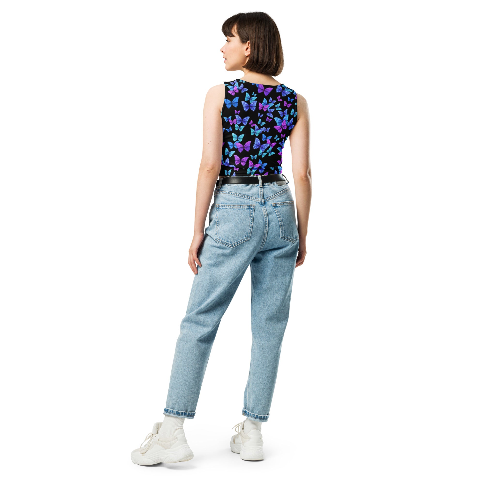 Women's Vibrant Butterfly Buttery Soft Crop Top- Quick-Drying UPF 50+ Stretch Top