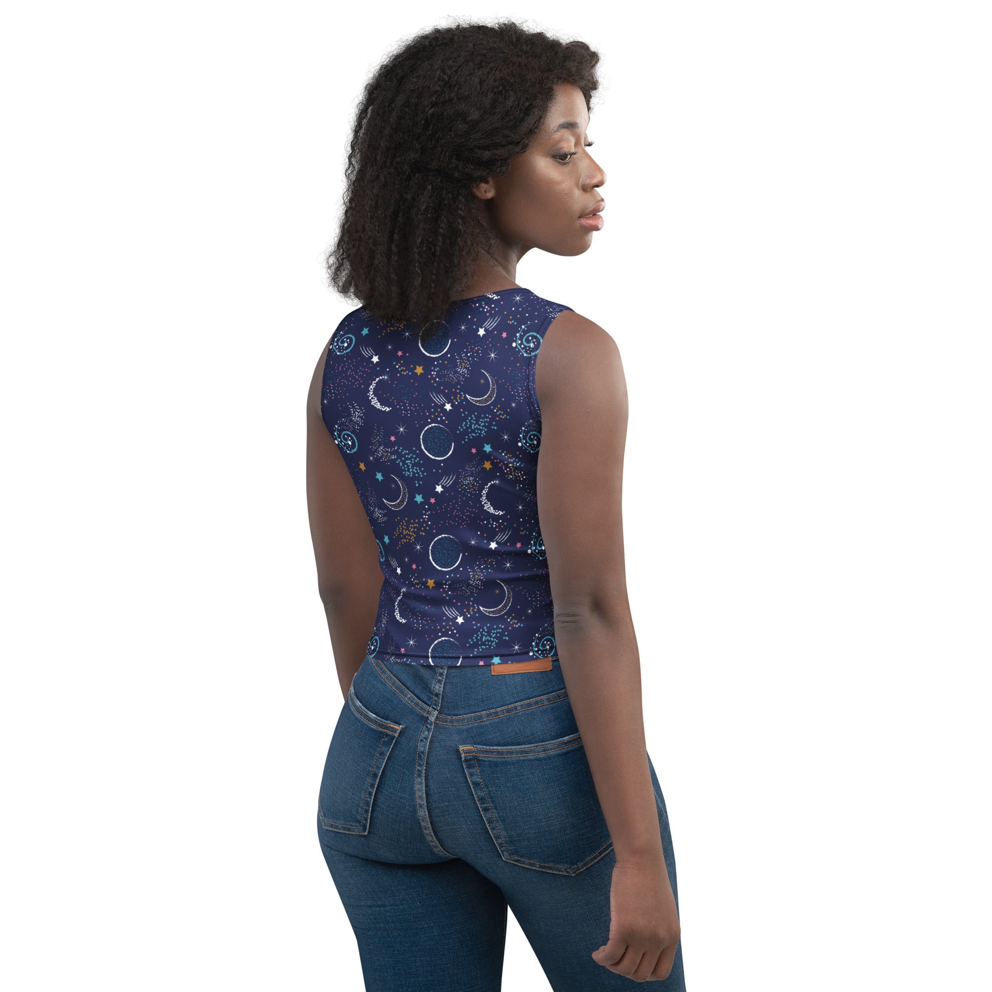 Women's Moon and Stars Buttery Soft Crop Top- Quick-Drying UPF 50+ Stretch Top