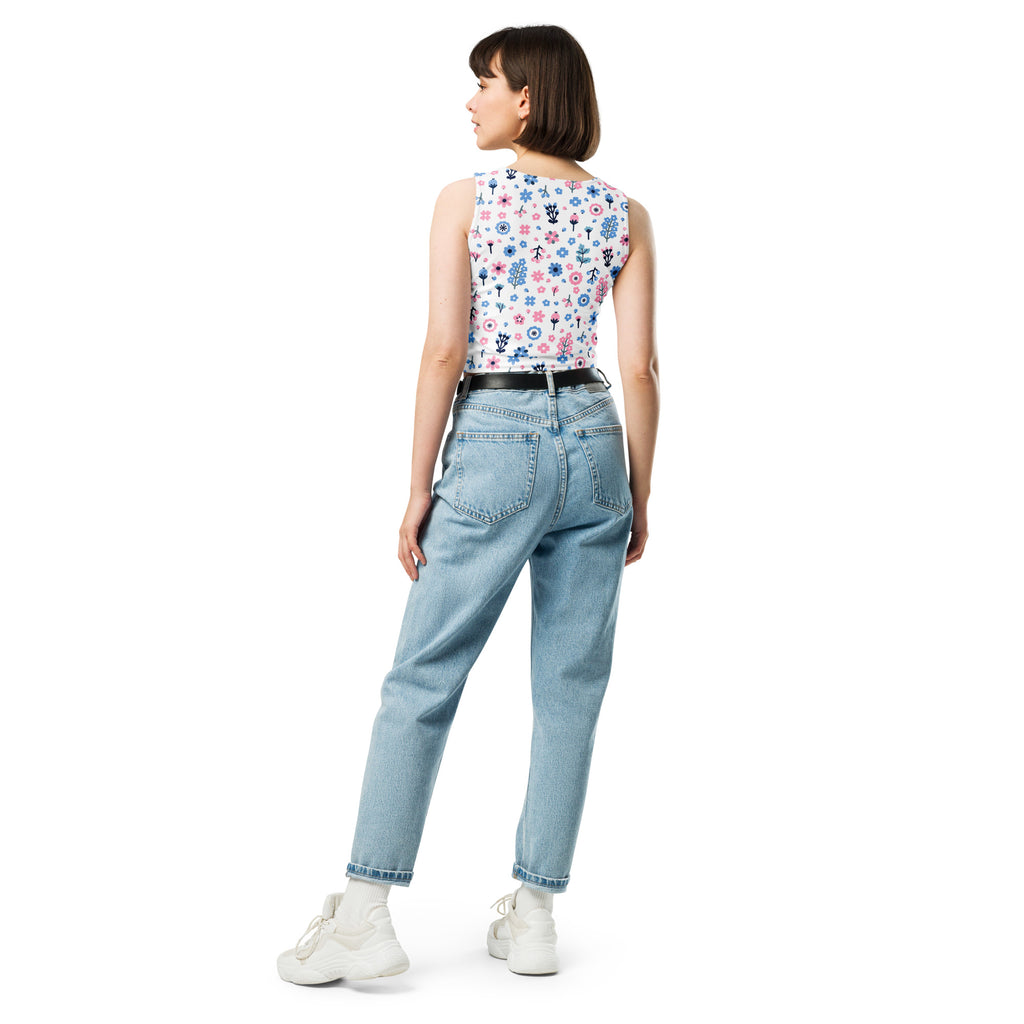 Women's Floral Purple And Blue Flowers Buttery Soft Crop Top- Quick-Drying UPF 50+ Stretch Top