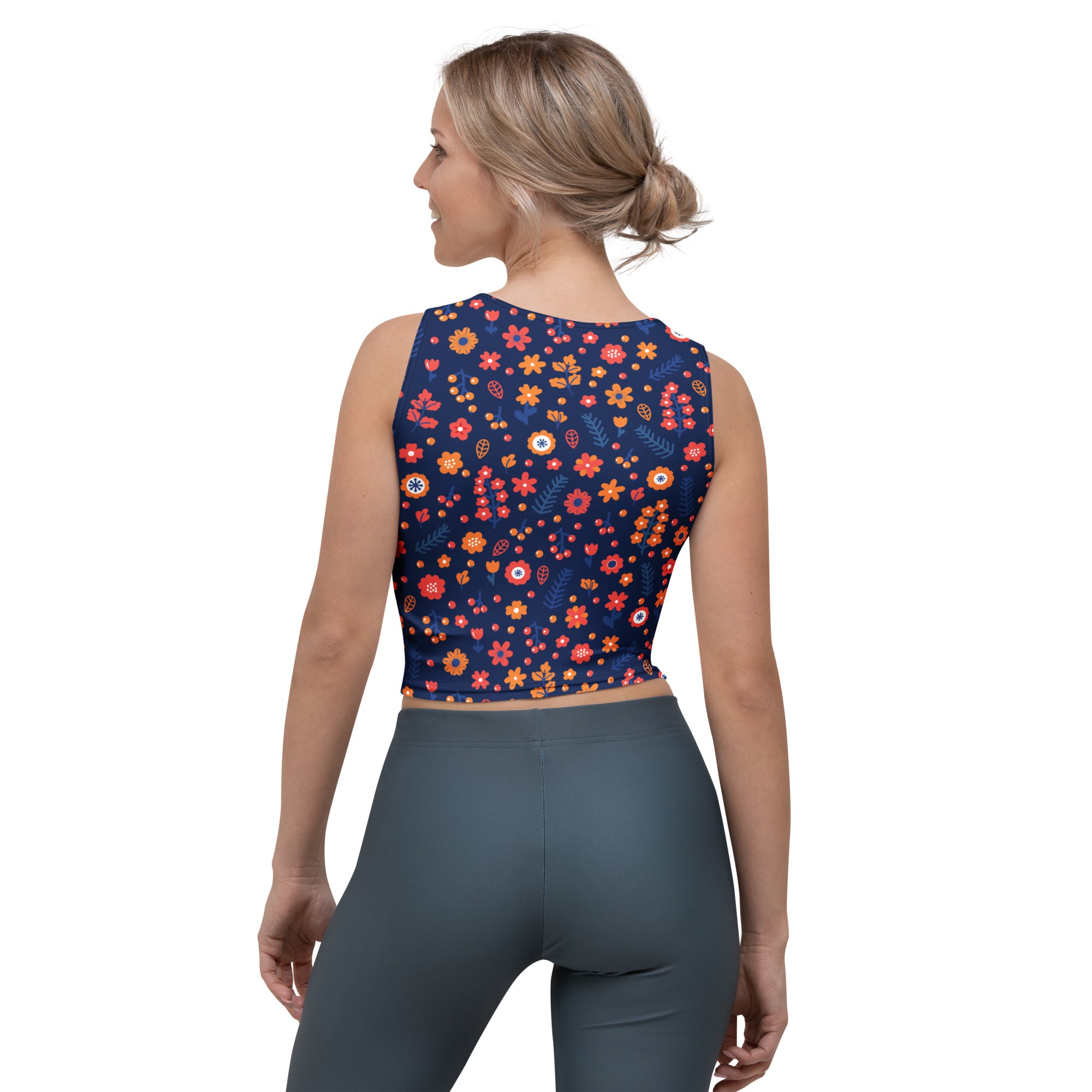 Women's Navy Floral Buttery Soft Crop Top- Quick-Drying UPF 50+ Stretch Top