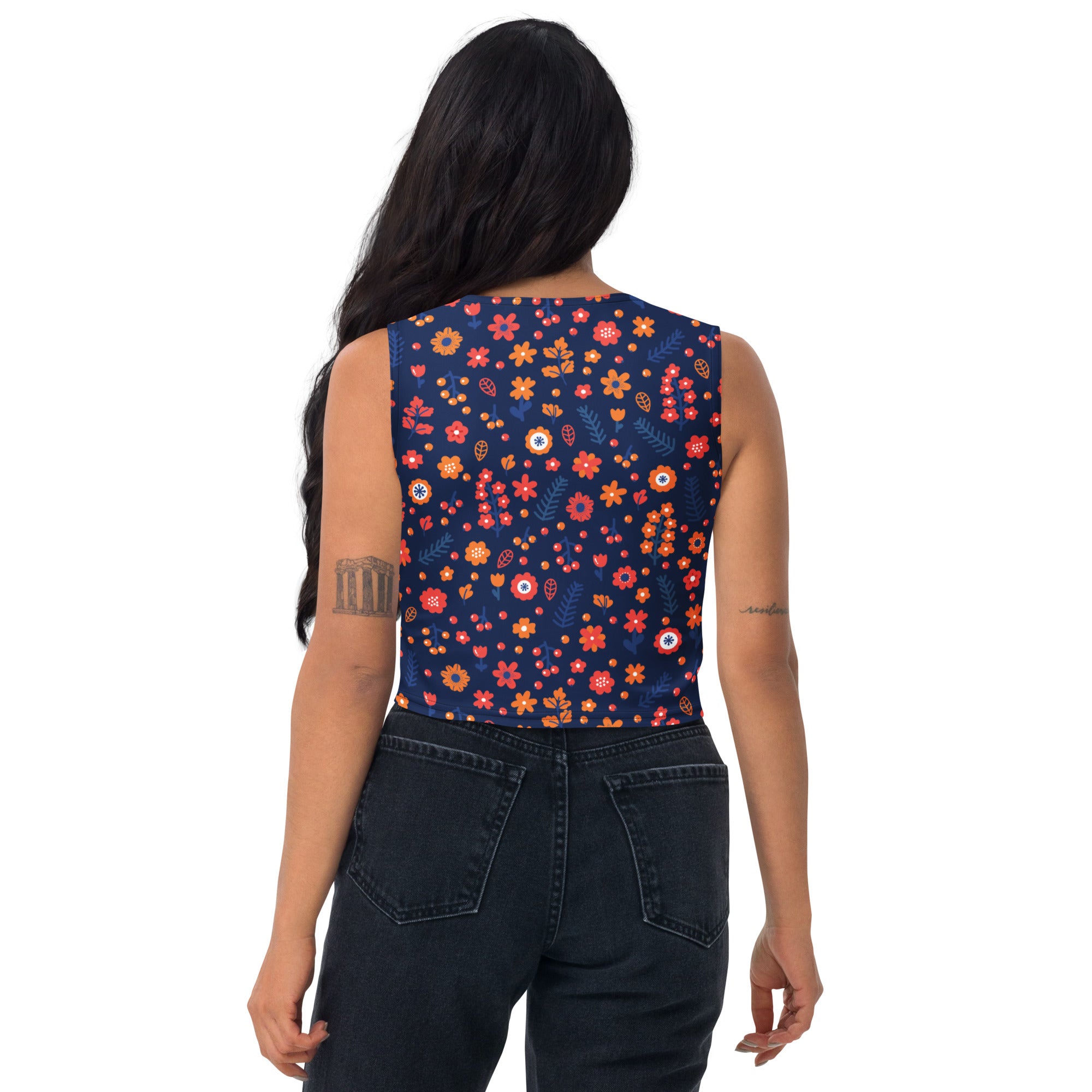 Women's Navy Floral Buttery Soft Crop Top- Quick-Drying UPF 50+ Stretch Top