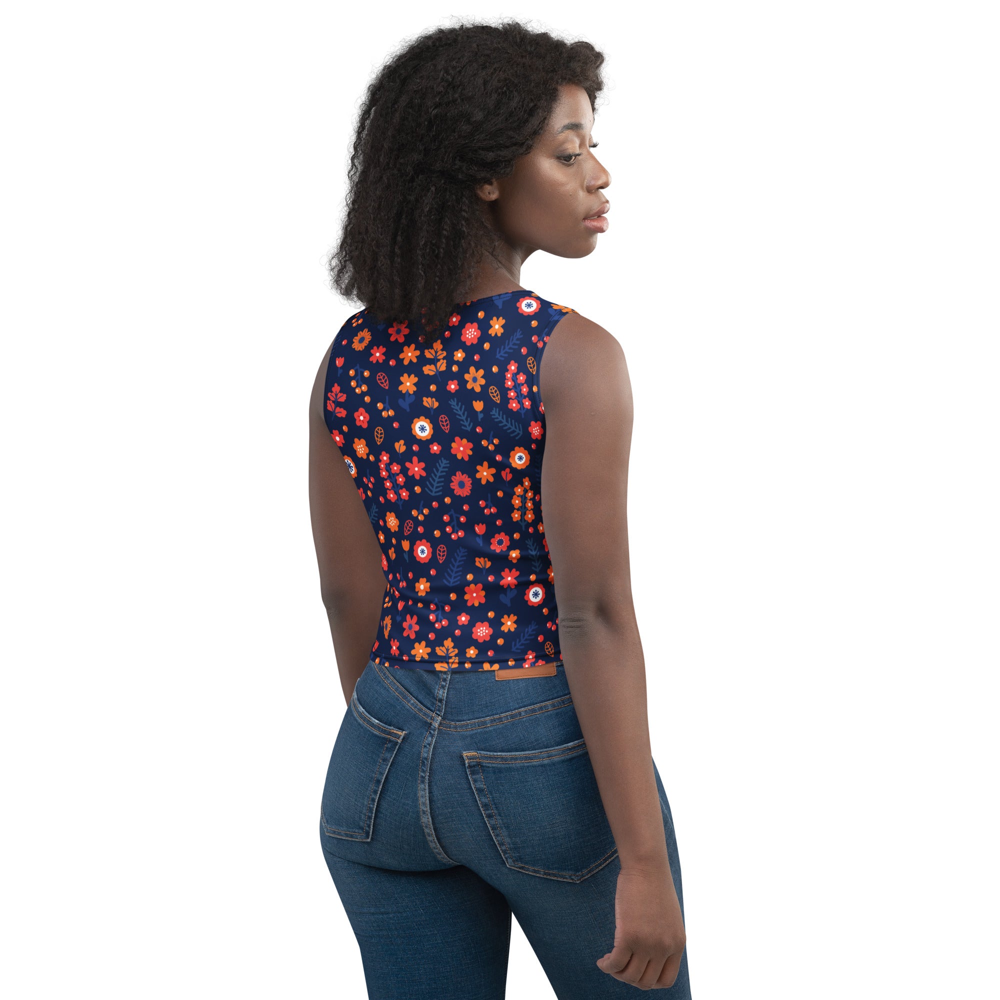 Women's Navy Floral Buttery Soft Crop Top- Quick-Drying UPF 50+ Stretch Top