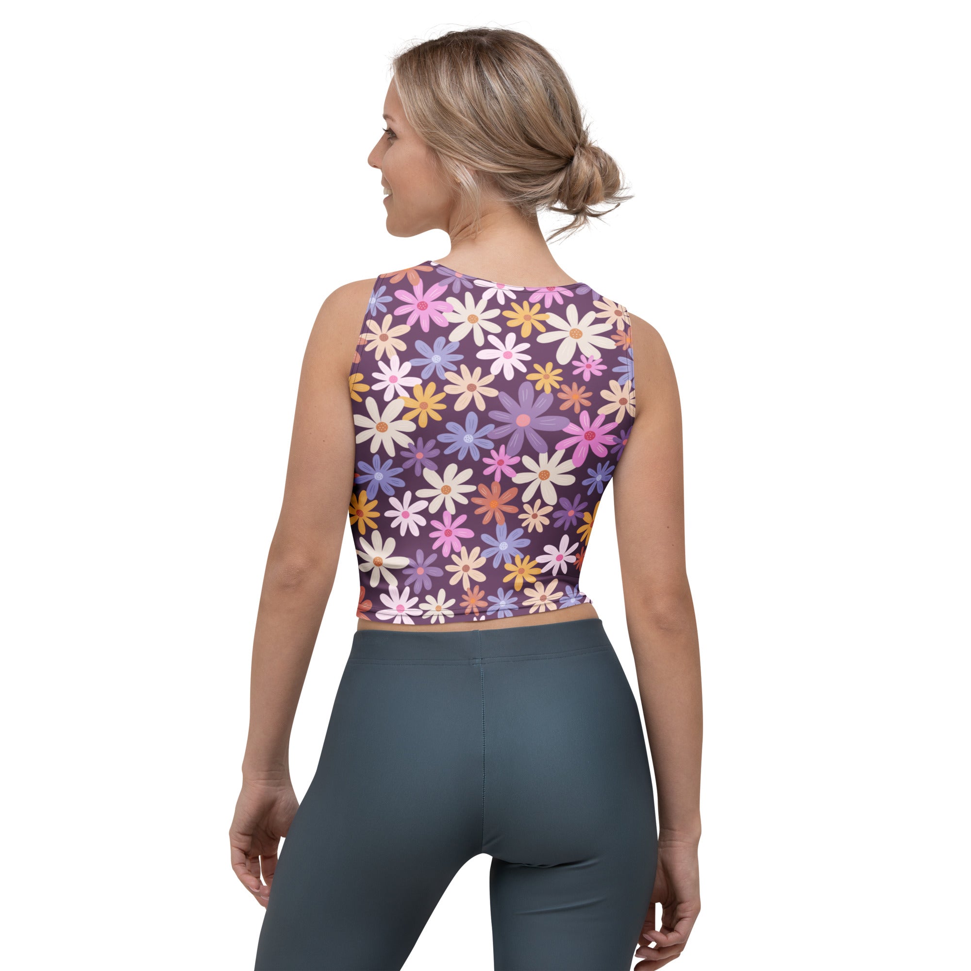 Women's Purple Daisy Floral Buttery Soft Crop Top- Quick-Drying UPF 50+ Stretch Top