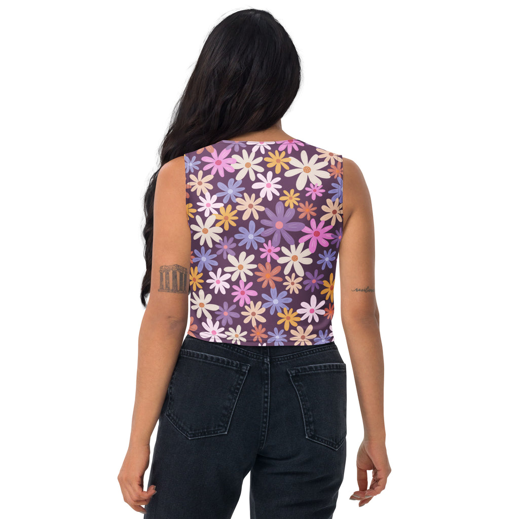 Women's Purple Daisy Floral Buttery Soft Crop Top- Quick-Drying UPF 50+ Stretch Top