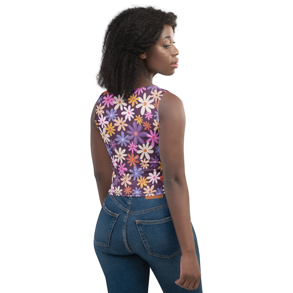 Women's Purple Daisy Floral Buttery Soft Crop Top- Quick-Drying UPF 50+ Stretch Top