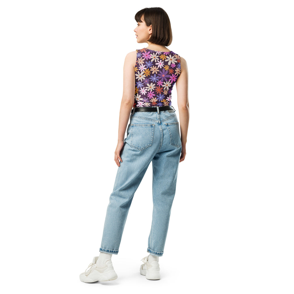 Women's Purple Daisy Floral Buttery Soft Crop Top- Quick-Drying UPF 50+ Stretch Top