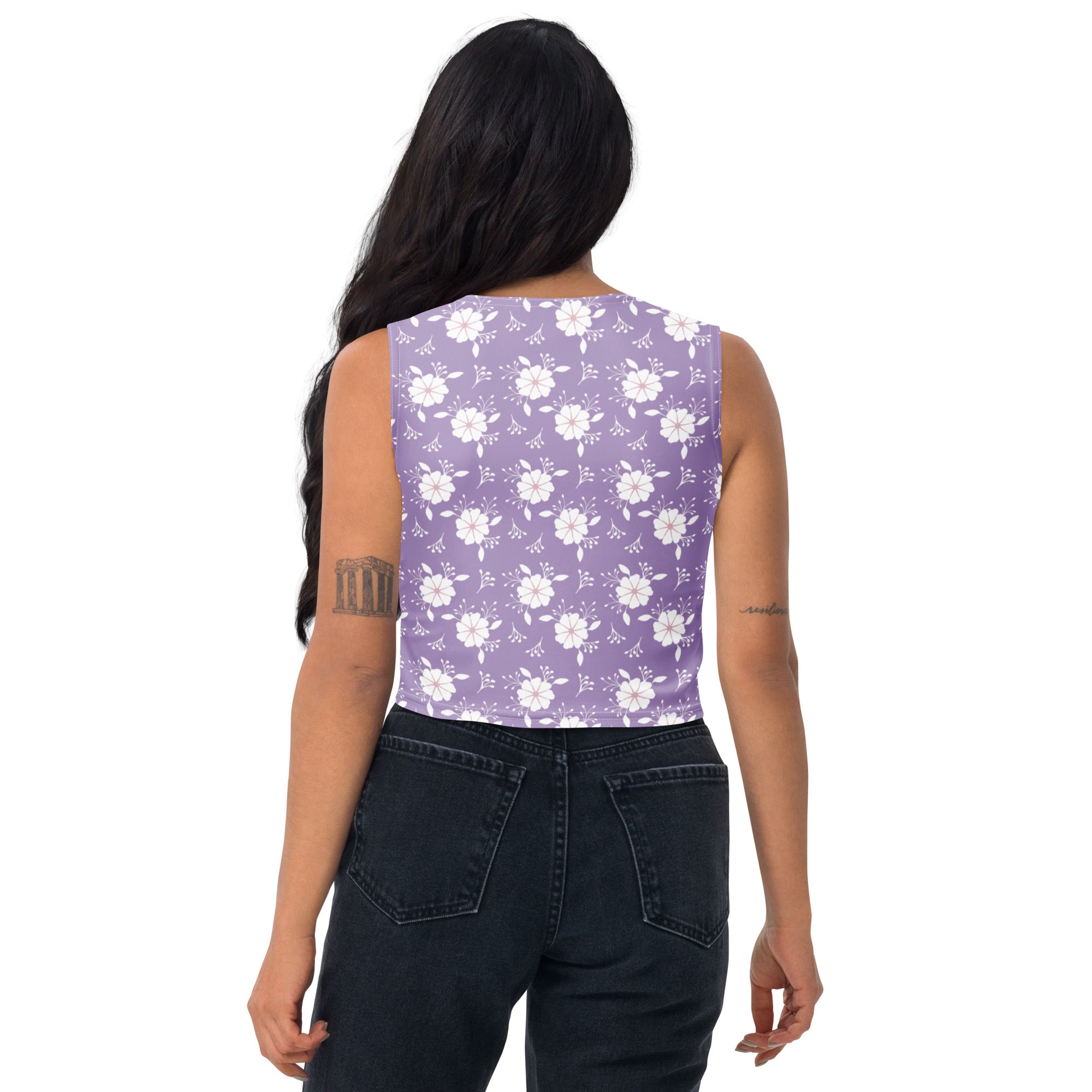 Women's Purple White Floral Buttery Soft Crop Top- Quick-Drying UPF 50+ Stretch Top