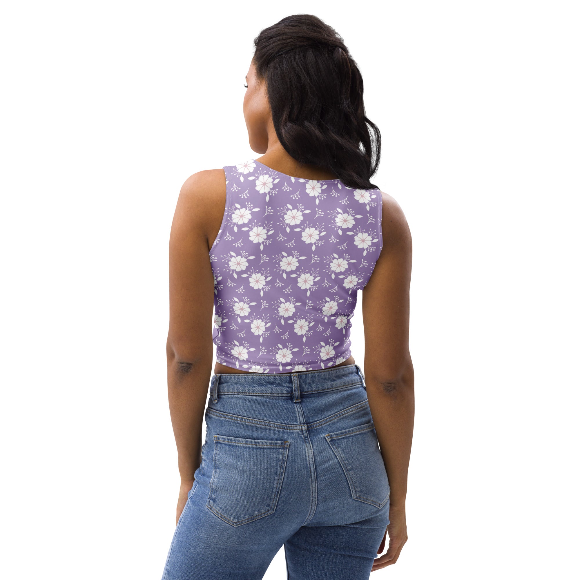 Women's Purple White Floral Buttery Soft Crop Top- Quick-Drying UPF 50+ Stretch Top