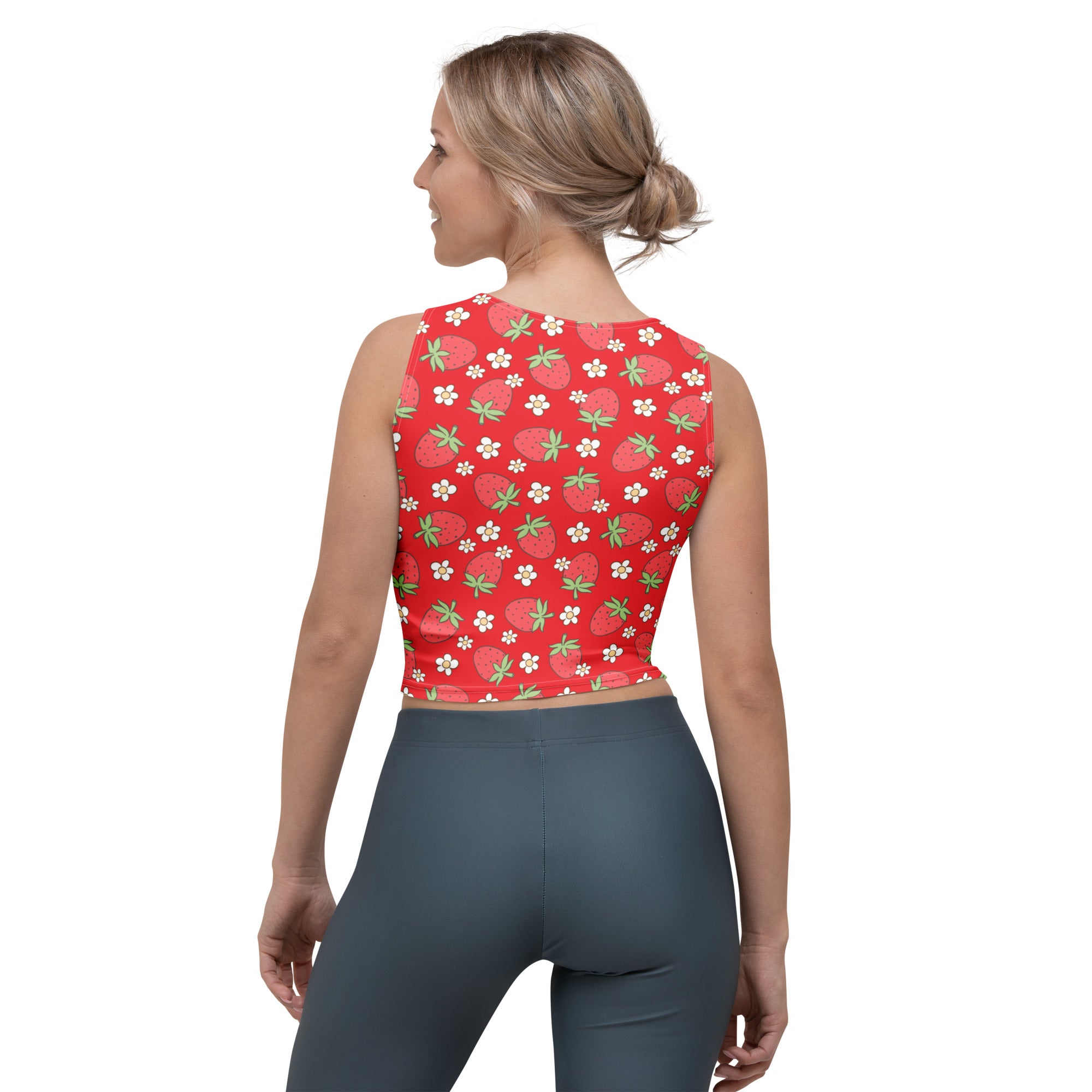 Women's Red Strawberry Daisy Buttery Soft Crop Top- Quick-Drying UPF 50+ Stretch Top