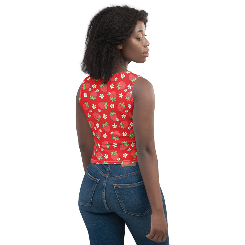 Women's Red Strawberry Daisy Buttery Soft Crop Top- Quick-Drying UPF 50+ Stretch Top