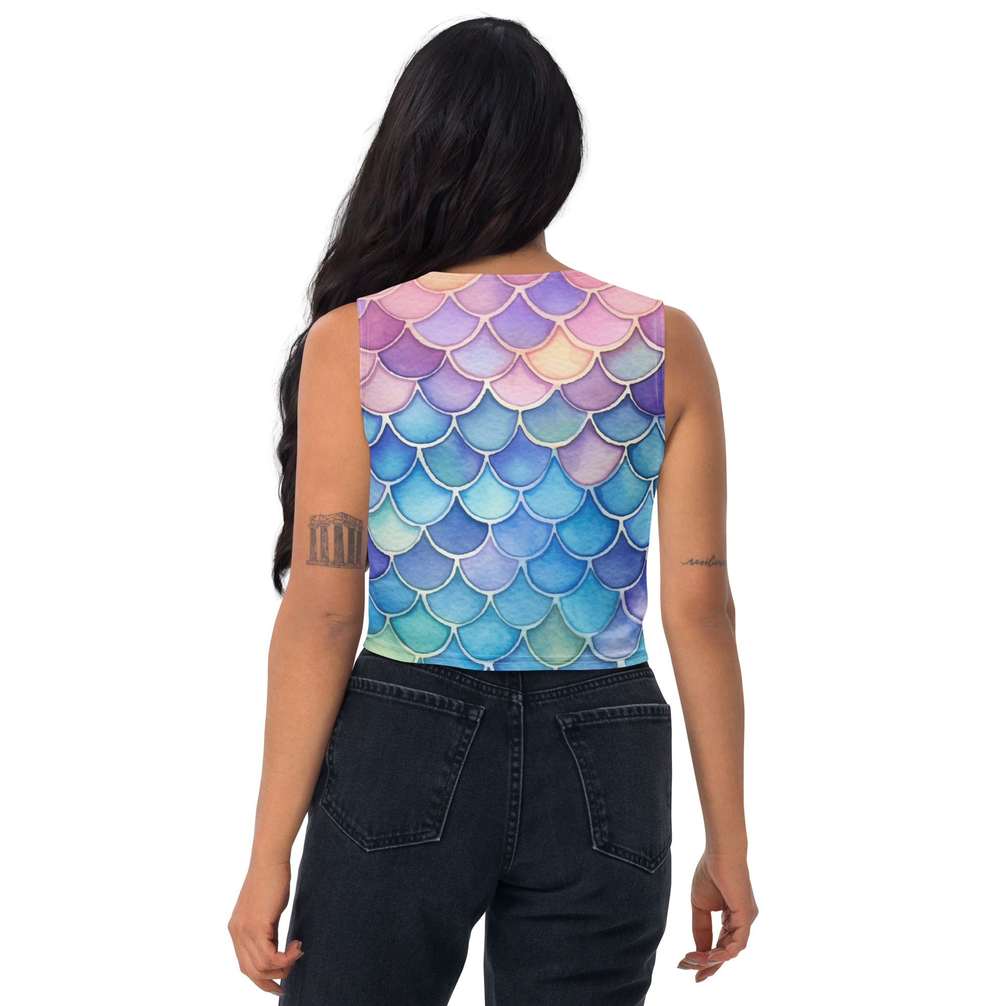 Women's Watercolor Mermaid Buttery Soft Crop Top- Quick-Drying UPF 50+ Stretch Top
